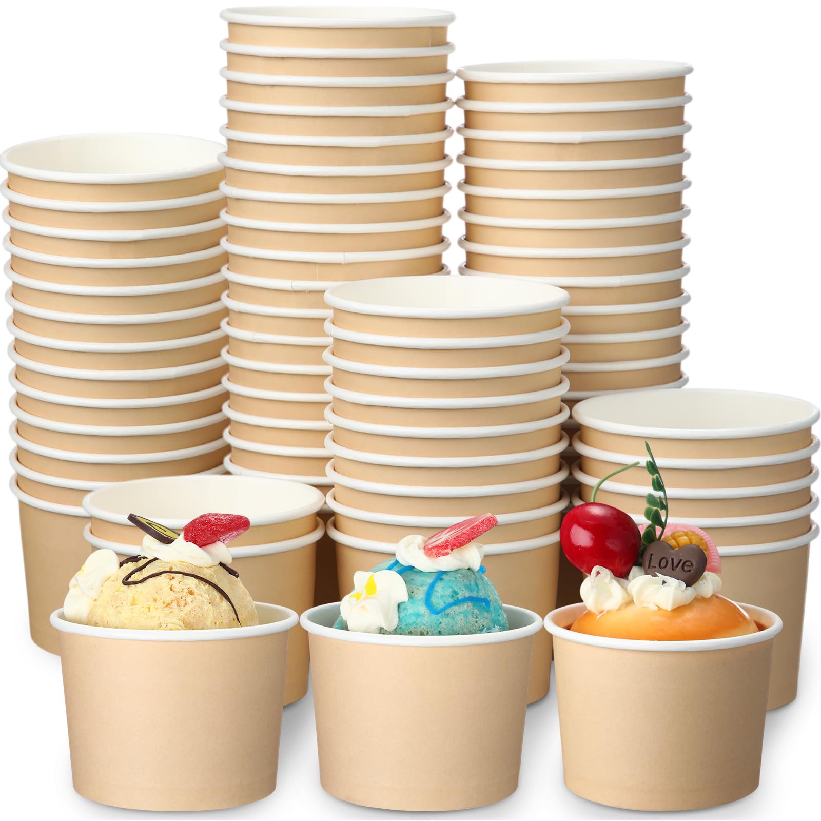 Honeydak 200 Pack 5 oz Disposable Kraft Paper Ice Cream Cups - Brown & White Dessert Containers for Sundae, Yogurt, Snacks | Perfect for Birthday Parties, Weddings, Catering & Ice Cream Shops