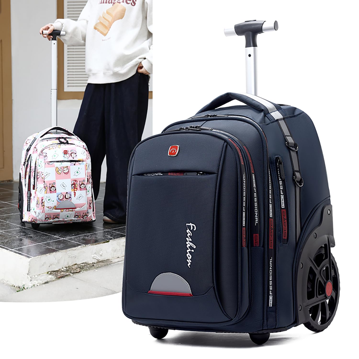Waterproof Rolling Laptop Backpack for Women & Men - 22 Inch Wheeled Carry On Backpack with Large Wheels for Travel, Business Commuter & Daily Use - Durable Blue Backpack for Work, School & Airplane