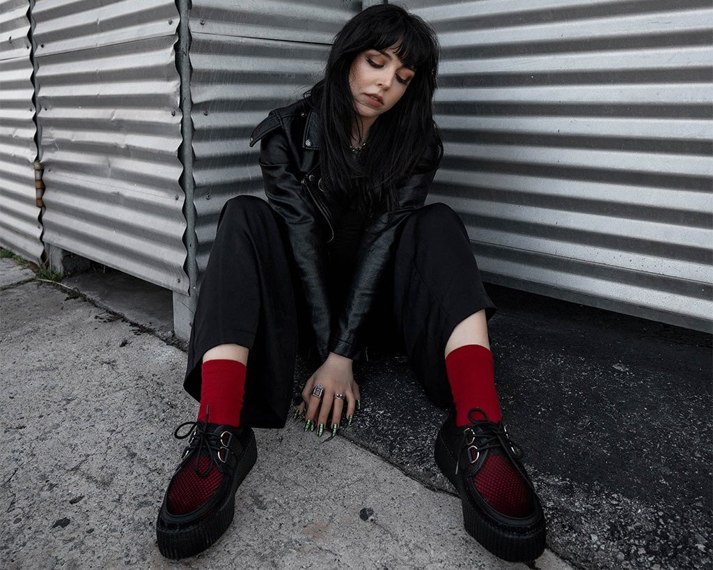 Black Fishnet Viva Mondo Creeper Shoes - Stylish Gothic Punk Boots for Women | Perfect for Concerts, Halloween & Alternative Fashion Outfits
