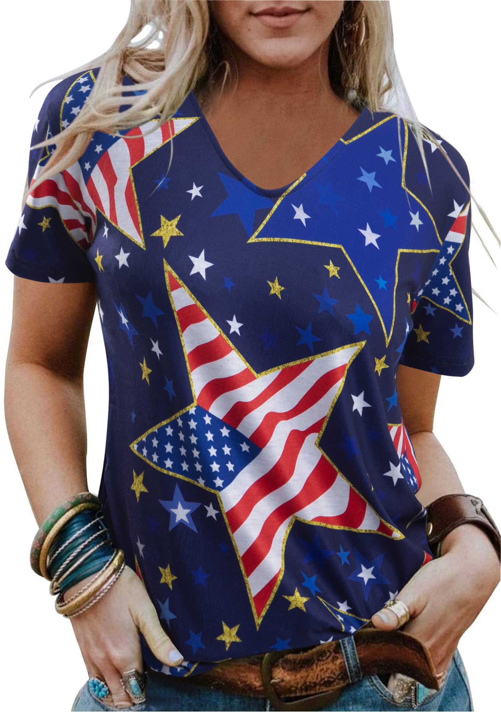 American Flag T-Shirt for Women - Patriotic USA Graphic Tee with Stars & Stripes - Red White Blue July 4th Shirt - Perfect for Independence Day Celebrations, BBQ Parties & Summer Outfits
