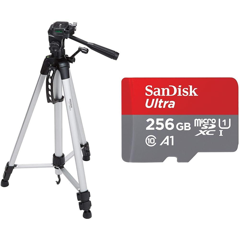 Amazon Basics 60-Inch Lightweight Tripod for Camera, DSLR & Binoculars with Carrying Bag (Black) | SanDisk 256GB Ultra microSDXC UHS-I Card with Adapter (150MB/s, A1 App Performance) - Perfect for Travel Photography, Vlogging & Outdoor Adventures