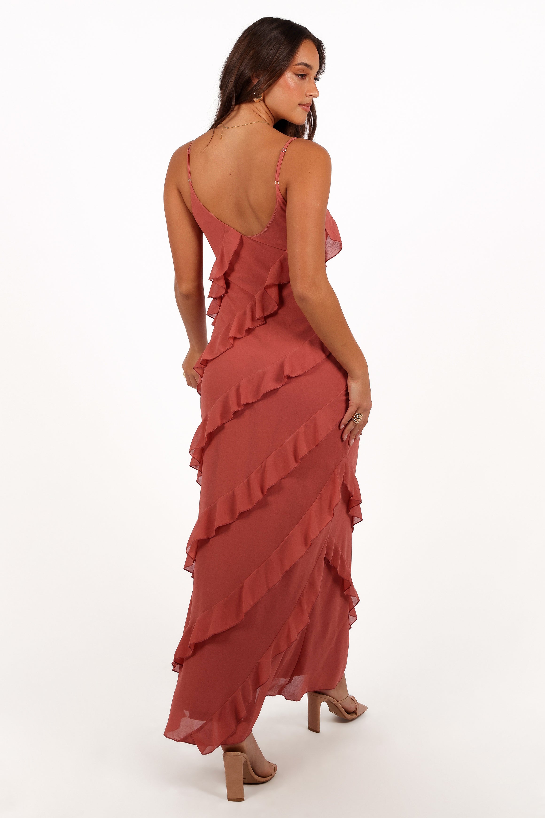 Ciao Ruffles Maxi Dress for Women - Elegant Rosewood Floral Summer Dress with Ruffled Hem, Perfect for Beach Vacation, Wedding Guest & Boho Party