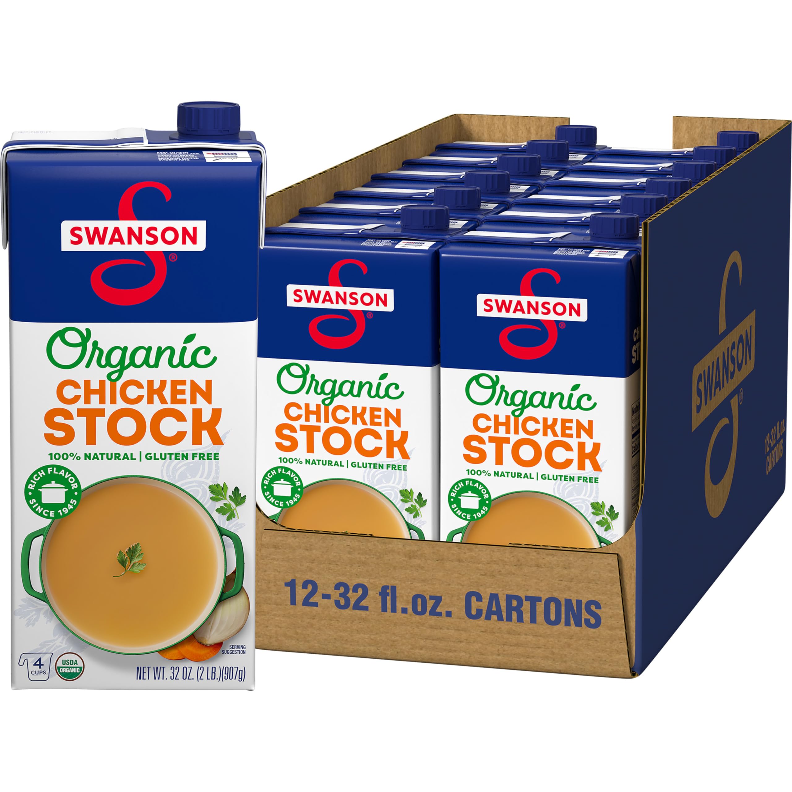 Organic Chicken Stock by Swanson - 100% Natural, 32 oz Carton (Pack of 12) | Perfect for Soups, Stews & Homemade Recipes | Gluten-Free & Non-GMO