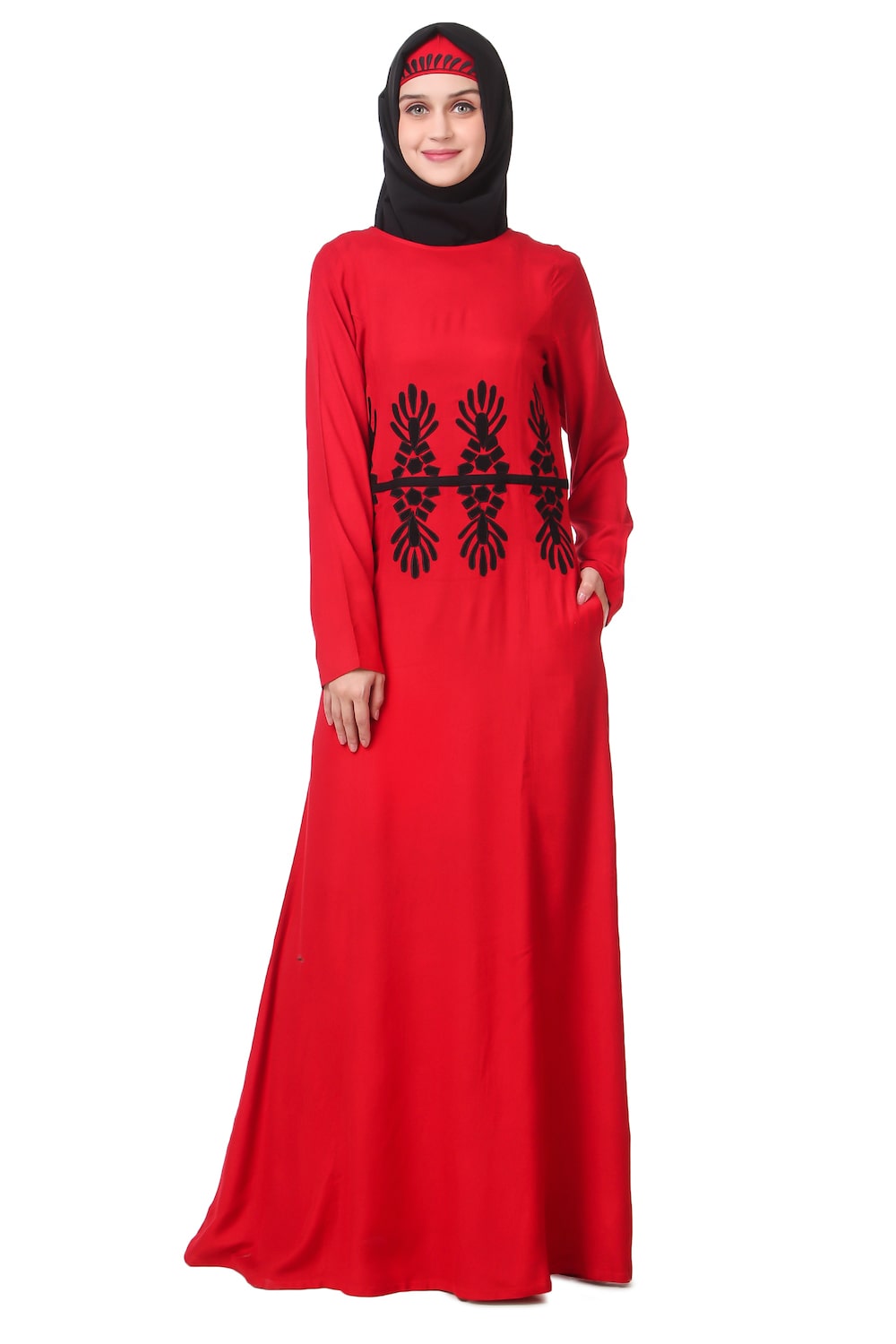 Stylish Red Rayon Abaya with Elegant Graphic Pattern - Perfect for Eid, Prayer, and Special Occasions