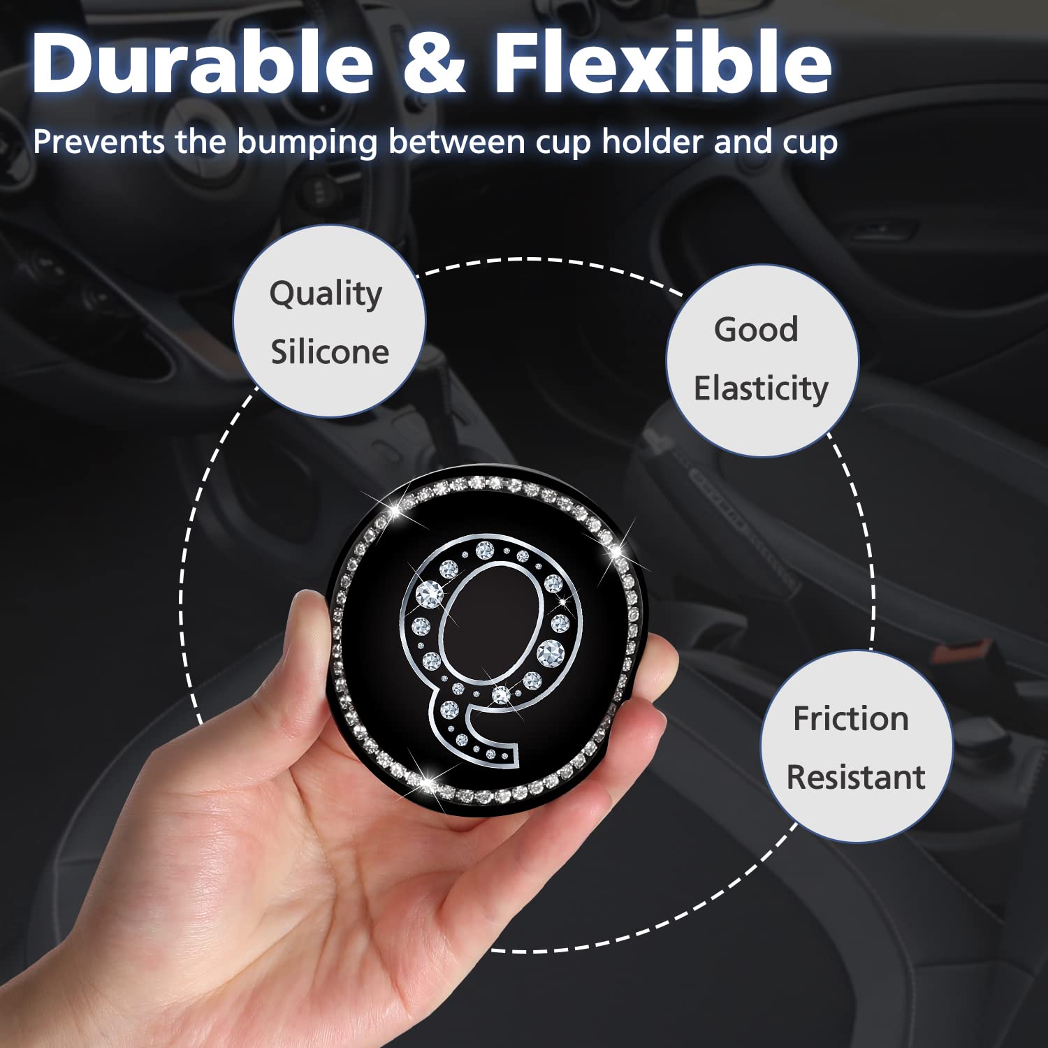 Jupswan 2-Pack Bling Crystal Rhinestone Silicone Car Cup Holder Coaster - Letter Q Initial Design for Women & Men | Automotive Accessories & Decor | Perfect for Road Trips, Commuting & Gift Giving