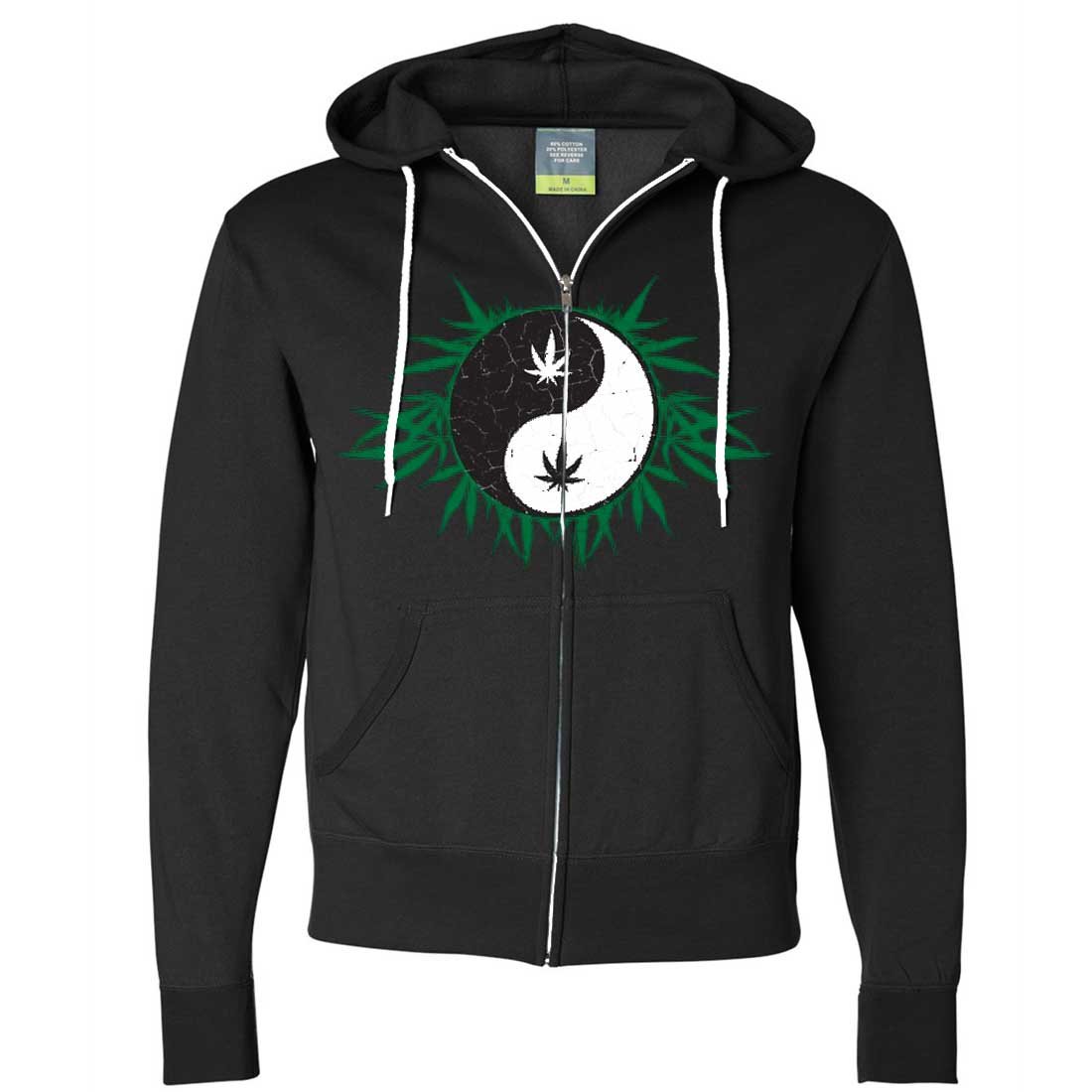 Stoner Yin Yang Pot Leaf Zip-Up Hoodie for Men & Women - Cannabis Enthusiast Streetwear for Concerts & Festivals