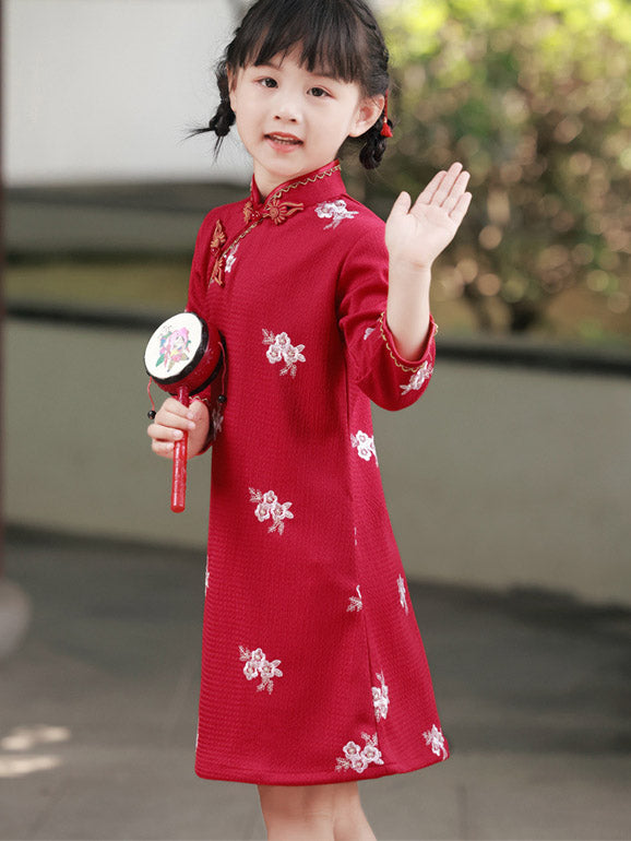 Red Embroidered Kids Girls Qipao Cheongsam Dress - Traditional Chinese Dress for Special Occasions & Cultural Events