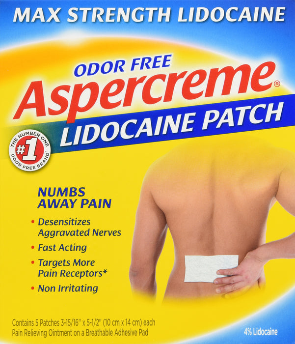 Aspercreme Lidocaine Pain Relief Patch - 4% Lidocaine Topical Pain Reliever for Back, Neck, Shoulder & Joint Pain - 5 Count Box | Drug-Free Pain Management Solution for Arthritis & Muscle Soreness