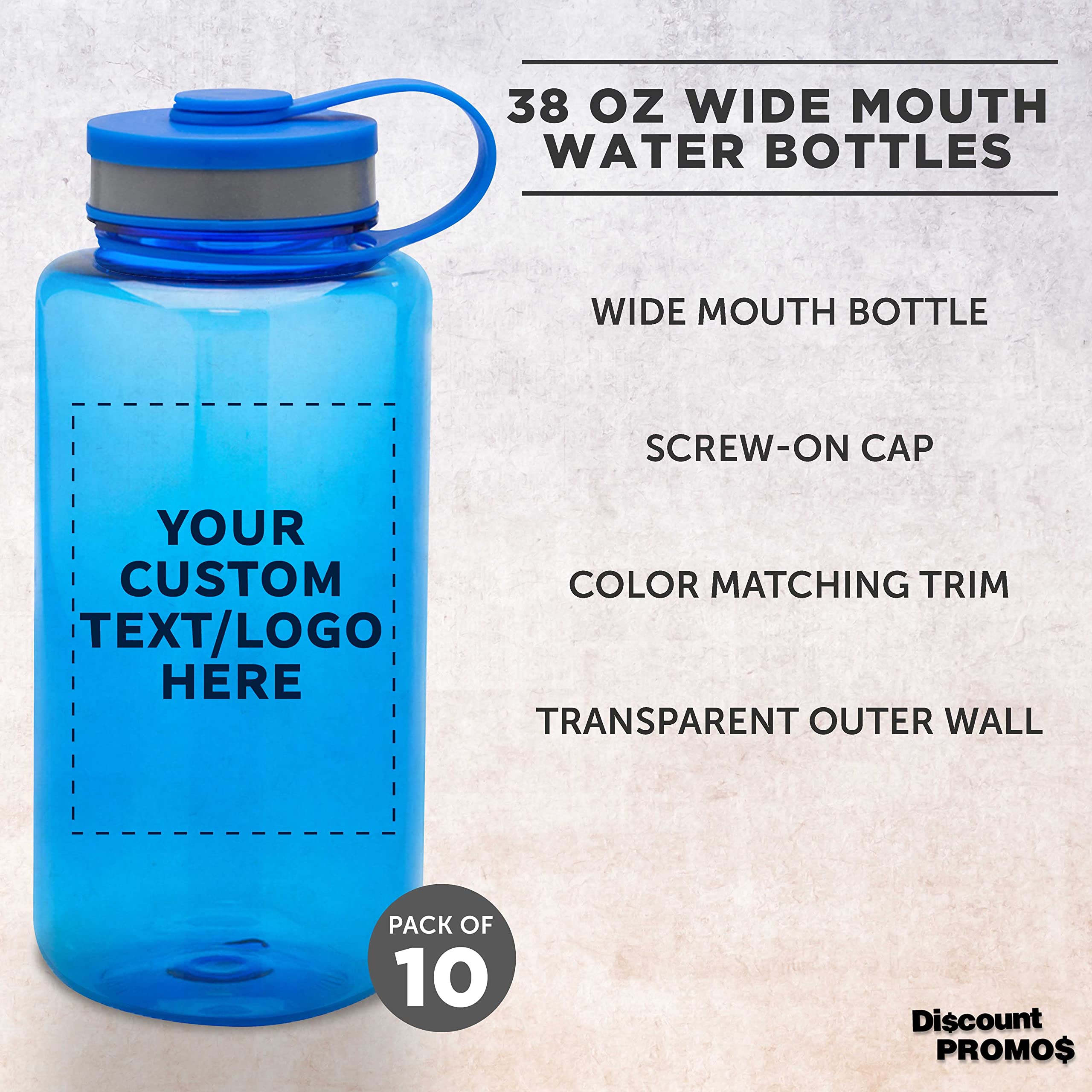Custom 38 oz Plastic Sports Water Bottles with Flip Lid - Bulk Pack of 10, Personalized & Reusable - Perfect for Gym, Hiking, Cycling, Camping, Backpacking & School - Durable BPA-Free Bottles for Sports & Outdoor Activities - Blue