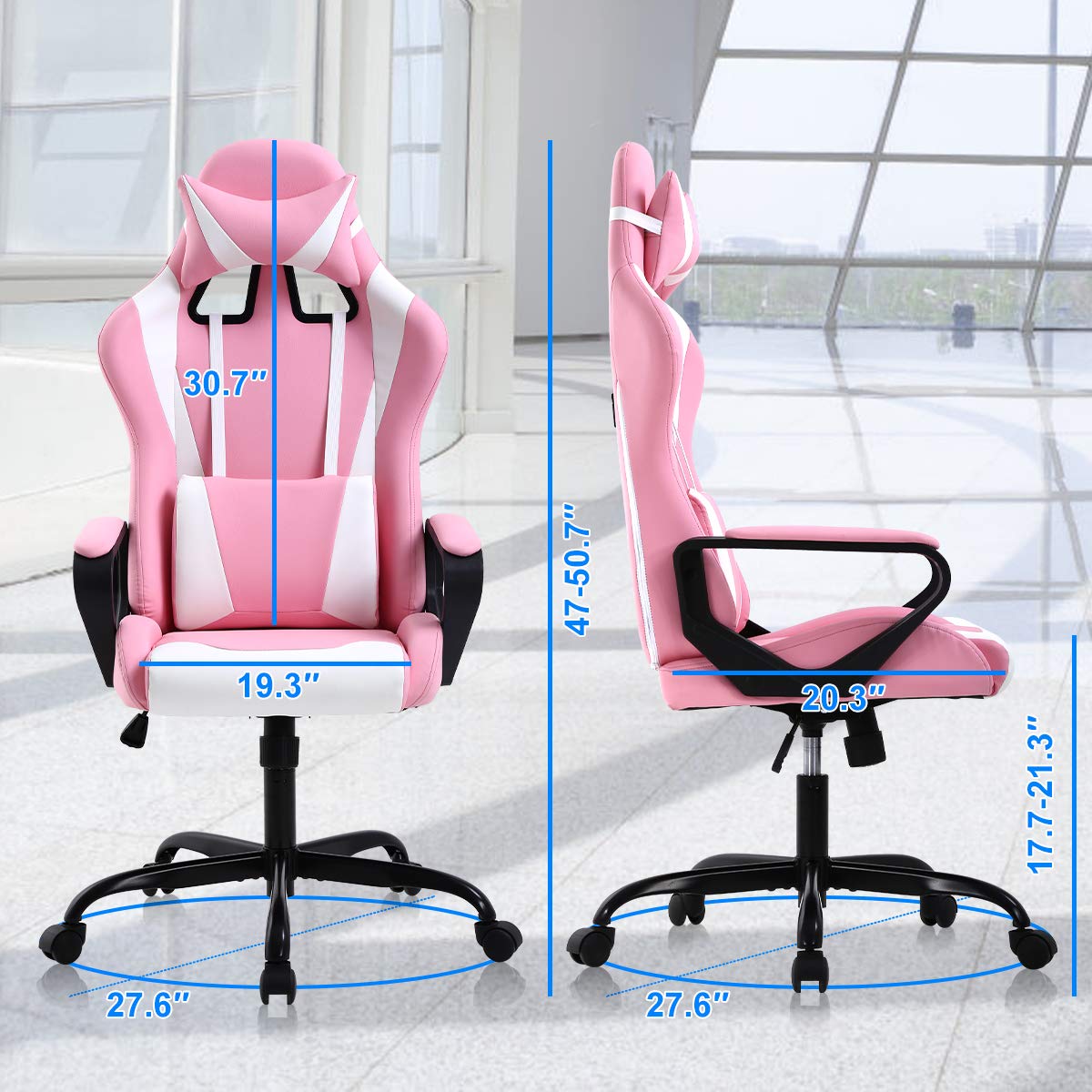 Ergonomic Gaming Chair with Lumbar Support & Headrest - High Back PU Leather Office Computer Chair with Adjustable Height, Armrests & Swivel for Men & Women - Perfect for Gaming, Work & Home Office (Pink)