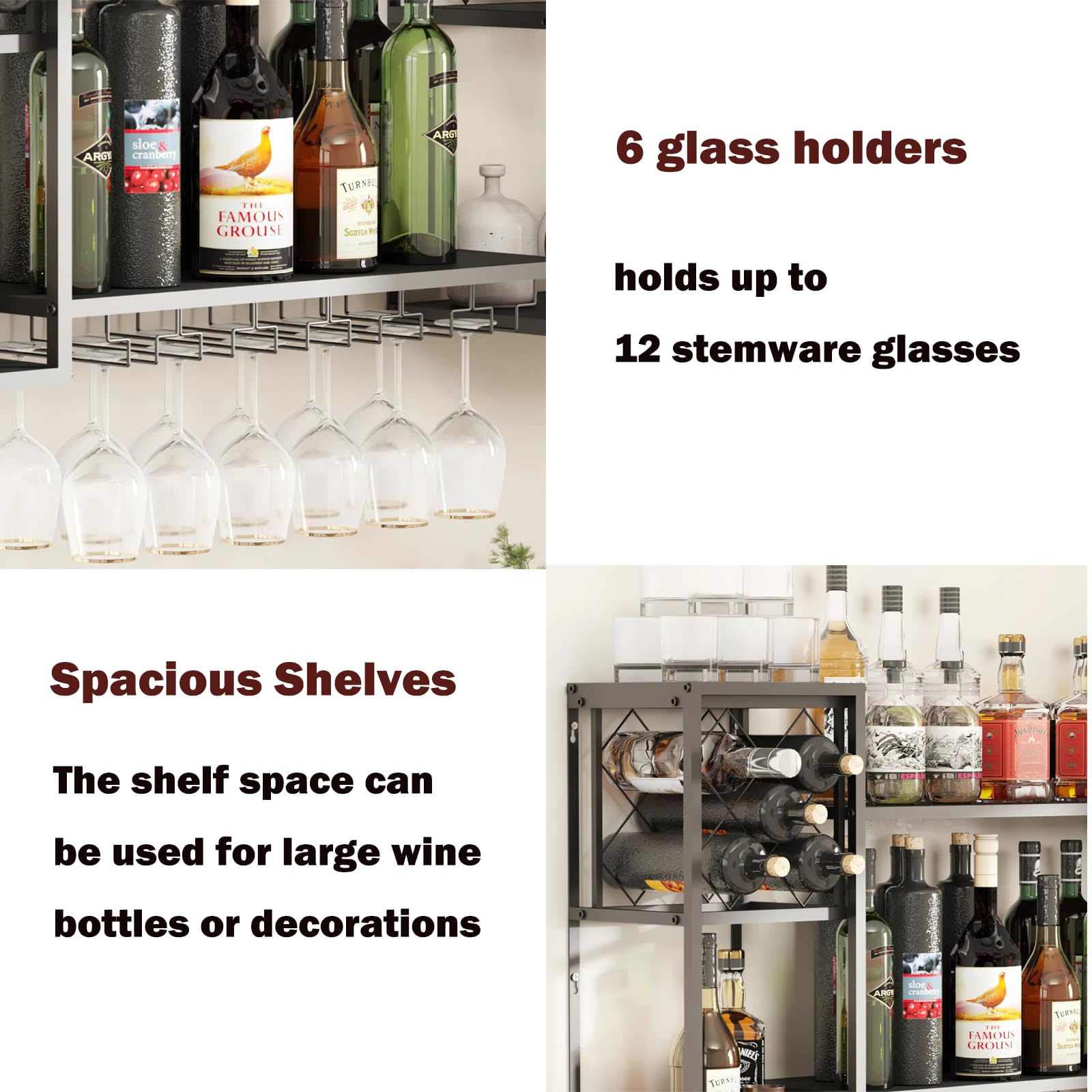 Wall Mounted Wine Rack with Glass Holder - 2 Tier Metal Floating Bar Shelf for Liquor Storage | Multi Functional Wine Display Rack for Home Bar, Dining Room & Kitchen | Perfect for Small Spaces & Entertaining Guests