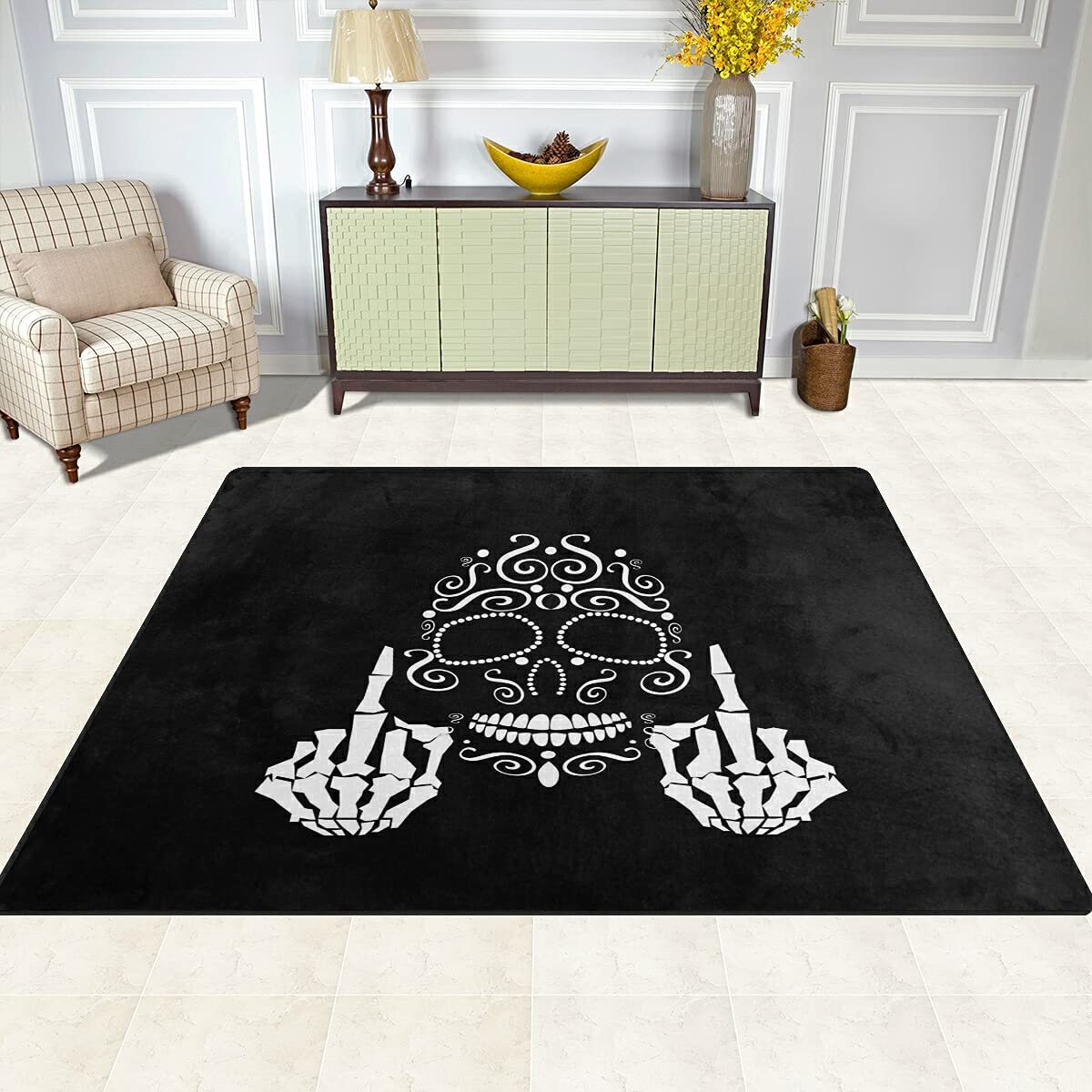 ALAZA Sugar Skull Middle Finger Black Area Rug 5'3