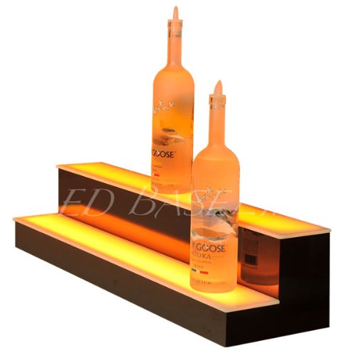 2-Step LED Lighted Bar Shelf - 28 Inch Modern Display Cabinet for Liquor & Glassware - Perfect for Home Bars, Restaurants, and Entertainment Spaces