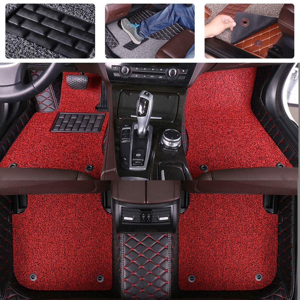 SureKit Custom Fit Car Floor Mats for Honda Civic 2005-2019 - Premium Double Layer PU Leather & PVC All-Weather Floor Liners - Non-Slip Front & Rear Car Mats (Black/Red) - Perfect for Daily Commute, Road Trips and All-Season Protection