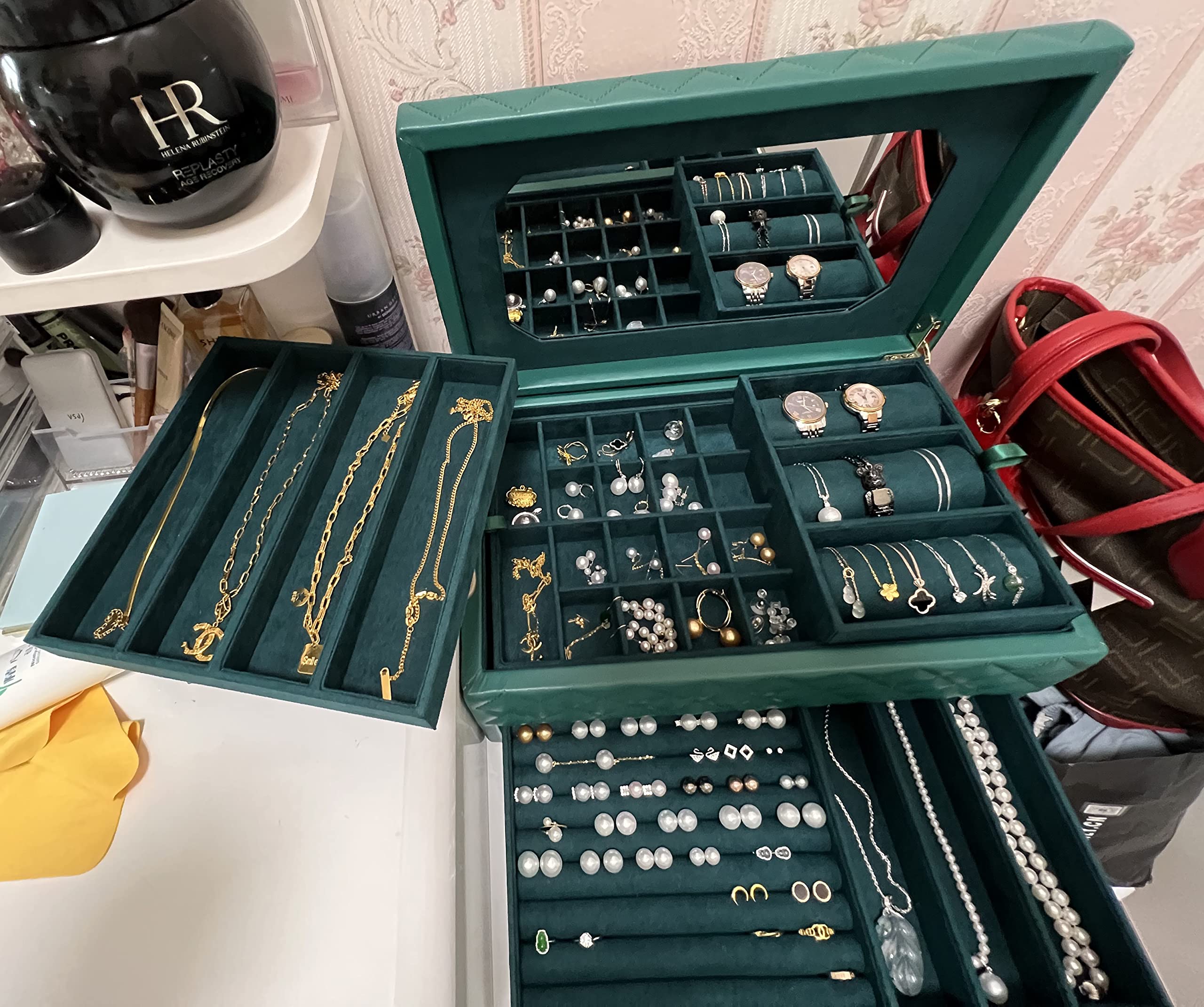 Luxury Large Wooden Jewelry Box Organizer with Mirror, Drawers & Faux-Leather - Perfect for Earrings, Necklaces, Rings Storage - Elegant Gift for Women (Green) | Bedroom Vanity, Travel, Wedding Jewelry Organizer