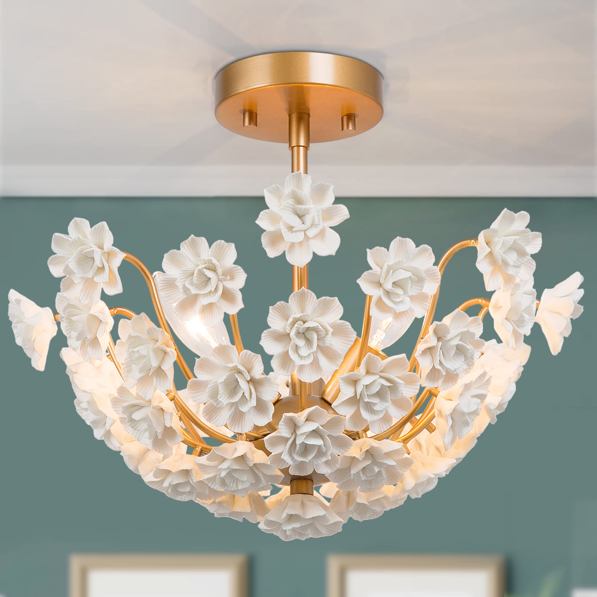 Optimant Lighting 15.7” Gold Semi Flush Mount Ceiling Light - Modern Ceramic Flower Fixture with 41 Handcrafted Blossoms | Perfect for Hallway, Bedroom, Kitchen, Foyer & Dining Room | Elegant Ambient Lighting for Home Decor & Interior Design
