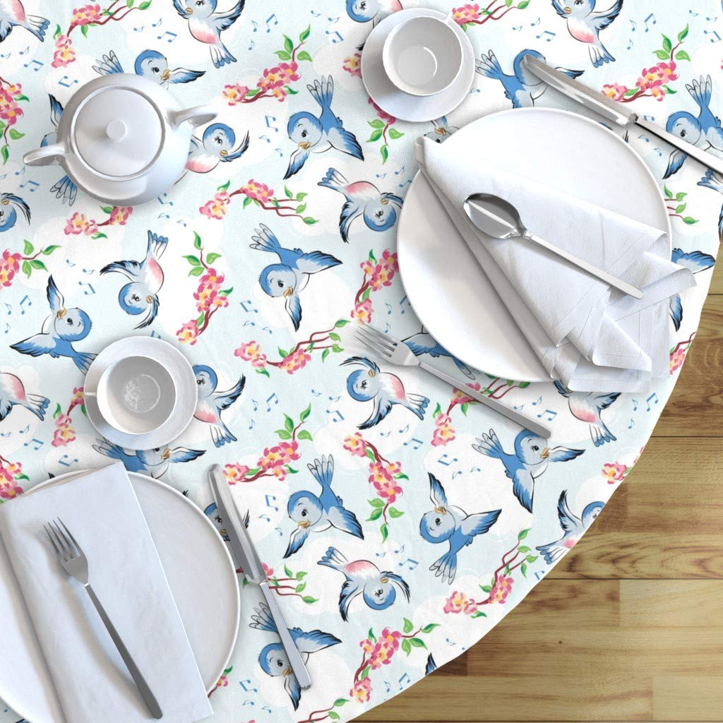 Vintage Style Bluebirds & Floral Print Cotton Sateen Tablecloth 70