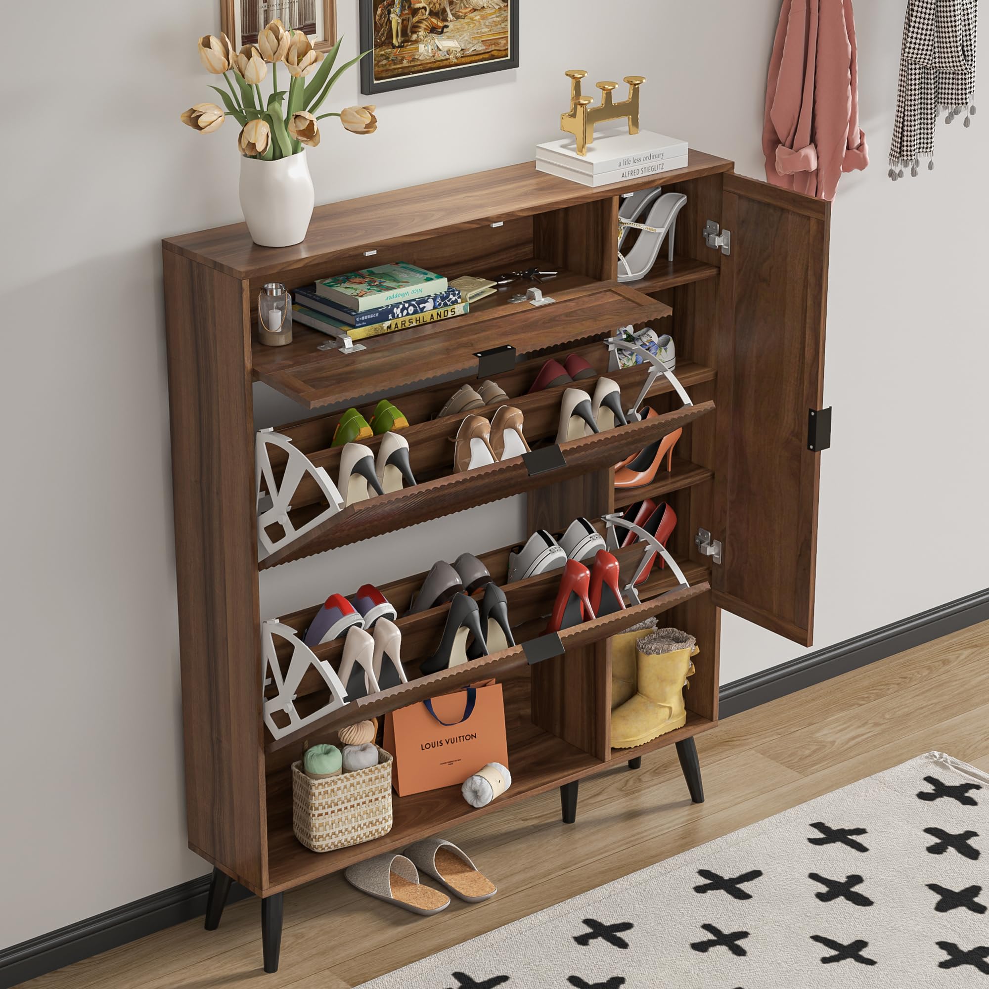 Shoe Storage Cabinet with 2 Flip Drawers - Narrow Freestanding Organizer with Doors & Adjustable Shelf - Slim Hidden Entryway Cabinet in Walnut - Perfect for Small Spaces, Closets & Mudrooms