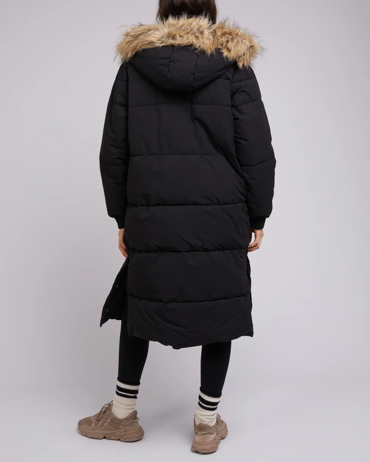 Active Fur Longline Puffer Jacket for Women - Black Winter Coat for Outdoor Activities, Hiking & Casual Wear