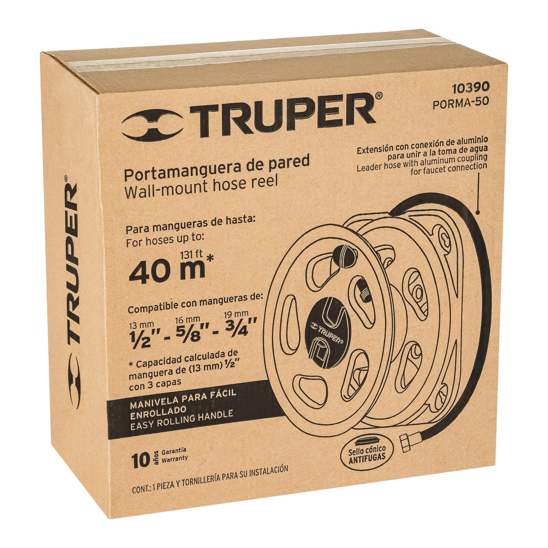 TRUPER PORMA-50 82 ft Heavy Duty Wall Mount Garden Hose Reel with 360° Swivel - Perfect for Lawn Watering, Car Washing & Outdoor Cleaning