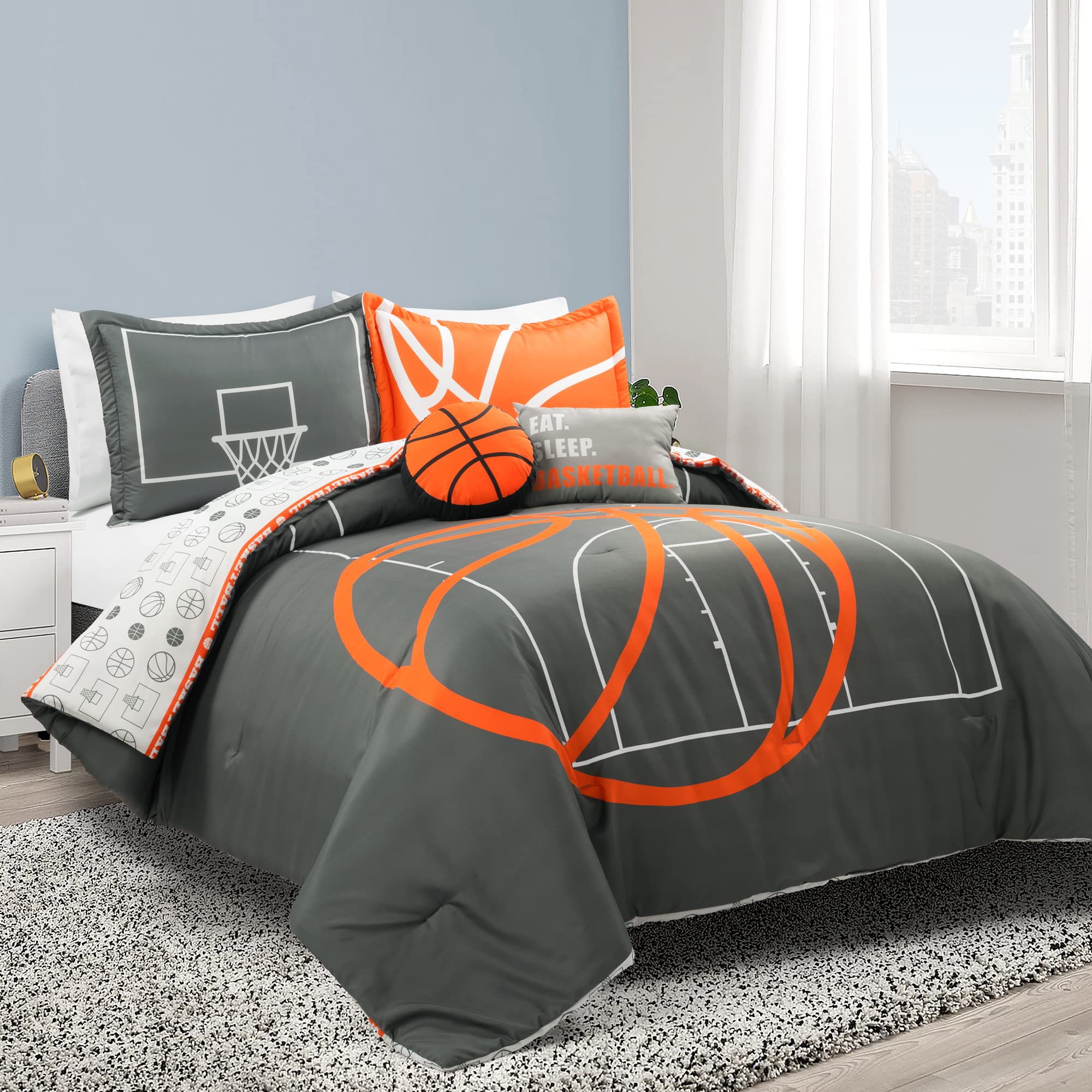 Lush Decor Reversible Basketball Game Oversized 5-Piece Comforter Set - Soft & Cozy Kids Sports Bedding for Full/Queen Beds - Charcoal | Perfect for Boys' Room Decor & Sports-Themed Bedrooms
