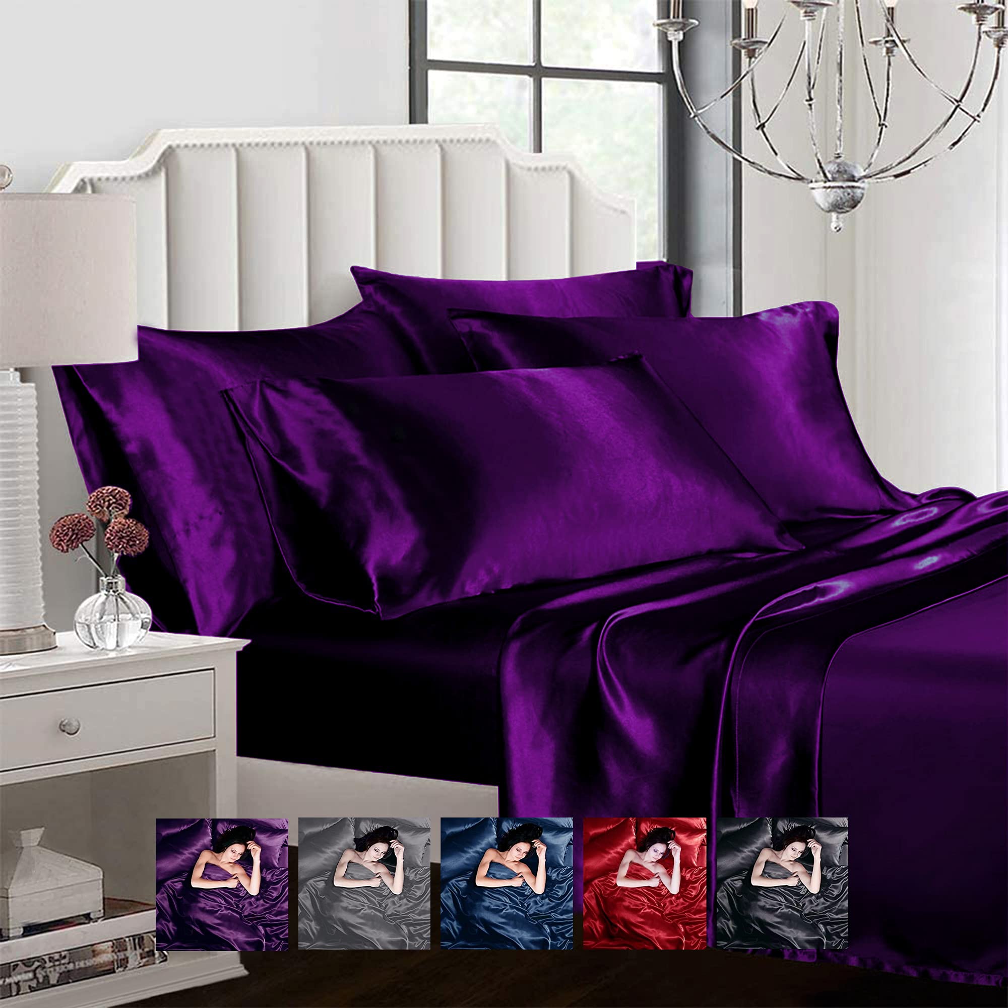 Ahmedani 6-Piece Queen Size Linen Satin Bedding Set - 1 Duvet Cover, 1 Fitted Sheet & 4 Pillow Cases (Purple) | Ultra Soft Luxury Sheets for Bedroom Decor & Hotel Style Comfort