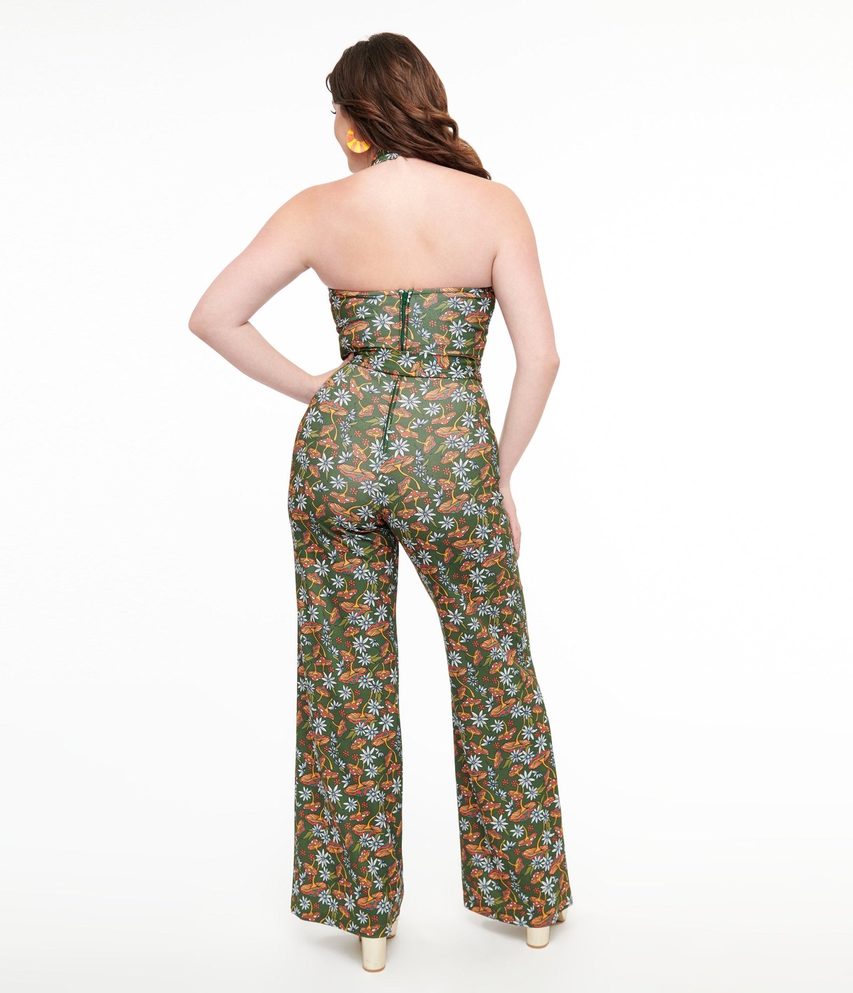 Vintage 1960s Green & Orange Mushroom Print Glamour Goddess Jumpsuit by Smak Parlour - Retro Party Outfit & Halloween Costume for Women
