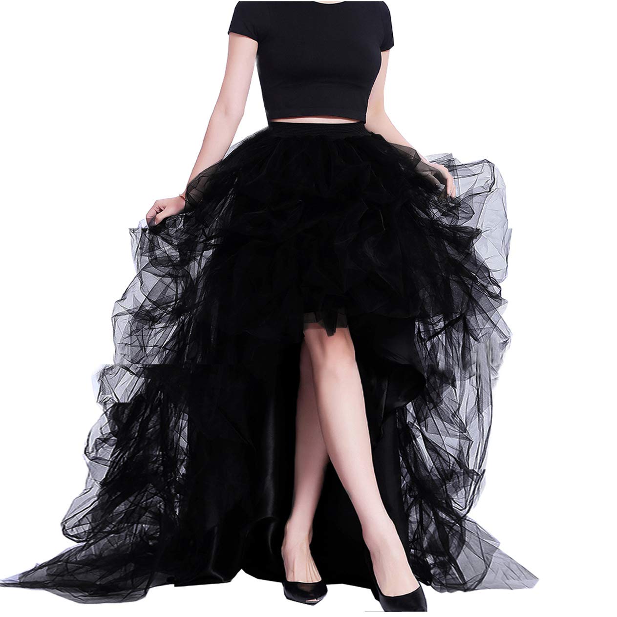 Lisong Women's Black Tulle Floor-Length Layered High-Low High Waist Party Skirt for Prom, Wedding, Evening Gala & Special Occasions