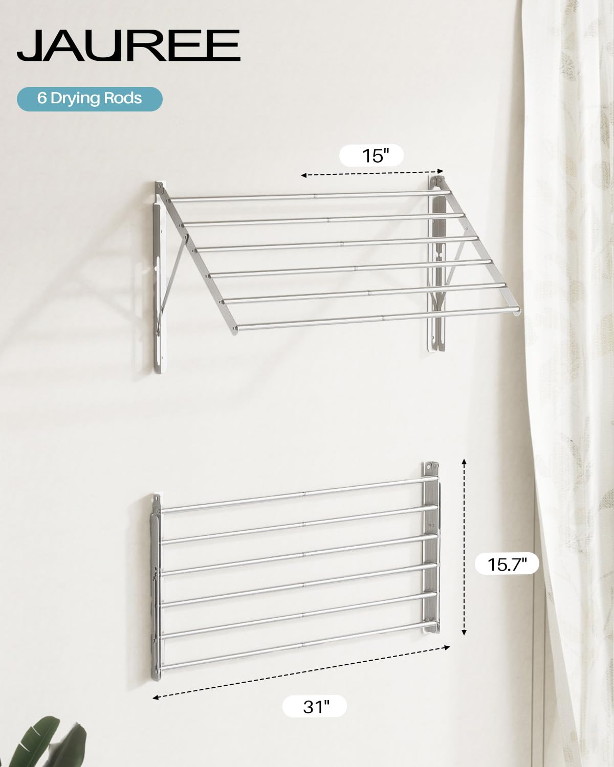 JAUREE Foldable Wall Mounted Clothes Drying Rack - 6 Stainless Steel Rods for Space Saving Laundry