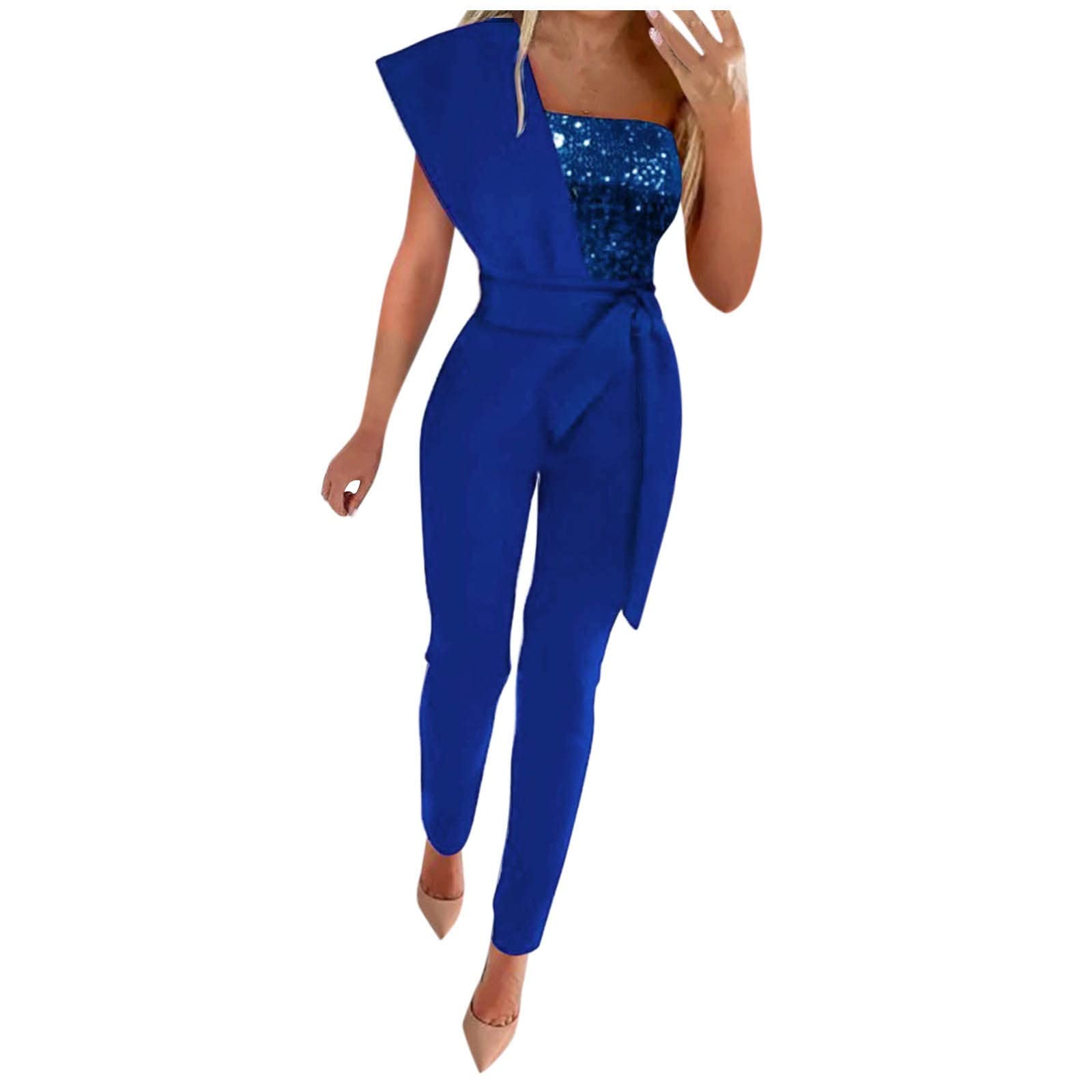 Women's Fashion Overalls with Belt - Slim Fit Sequins Jumpsuit for Casual Wear | Stylish Splicing Design 2024 | Perfect for Parties, Date Nights & Everyday Outfits
