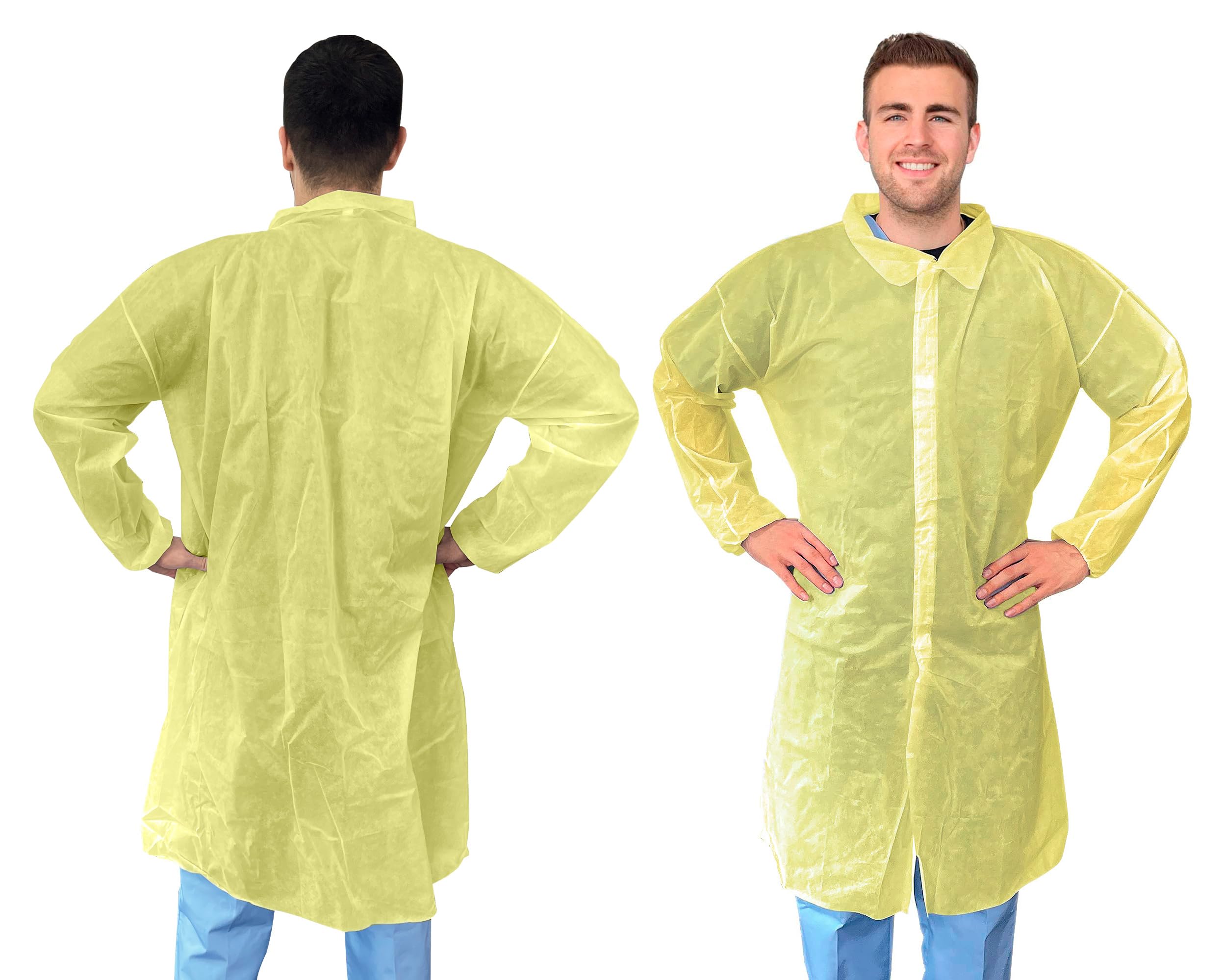 ABC Yellow Disposable Lab Coats for Adults - 2XL Size, 50 Pack Polypropylene Medical Protective Clothing, 44 Inches Long with Hook & Loop Closure, Elastic Wrists (No Pockets) - Ideal for Medical Labs, Painting, Science Experiments & Industrial Work PPE