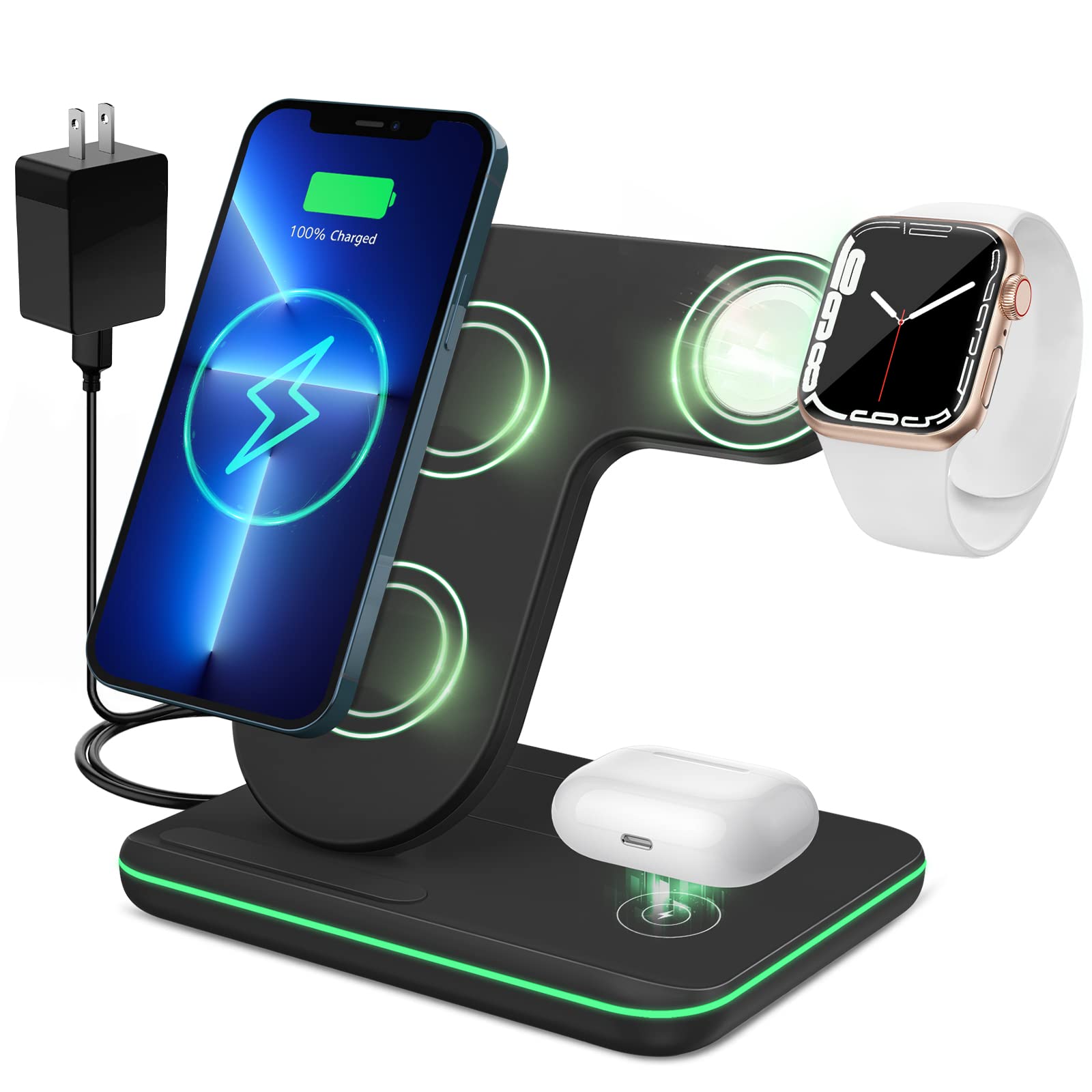 3-in-1 Wireless Charging Station 15W Fast Charger for iPhone 14/13/12/11/Pro/Max/XS/XR, Samsung Galaxy, Apple Watch 8/7/6/5/4/3/2/1 & AirPods 2/3/Pro - Compact Nightstand Charger for Bedroom, Office & Travel