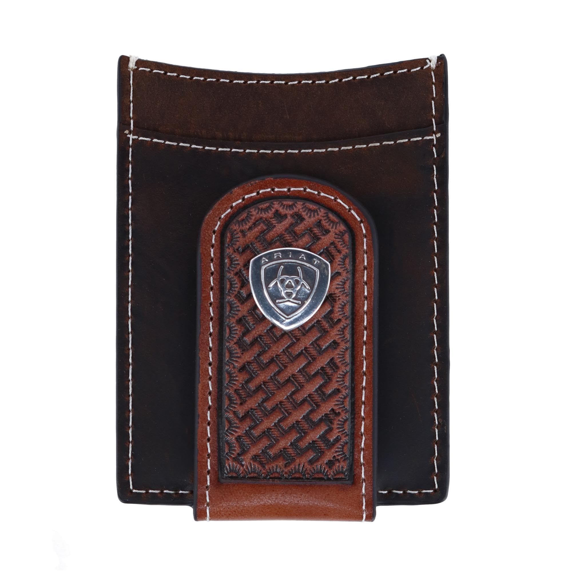 Ariat Genuine Leather Basket Weave Money Clip for Men - Brown RFID Blocking Wallet Accessory | Perfect for Gifts, Travel, and Everyday Use