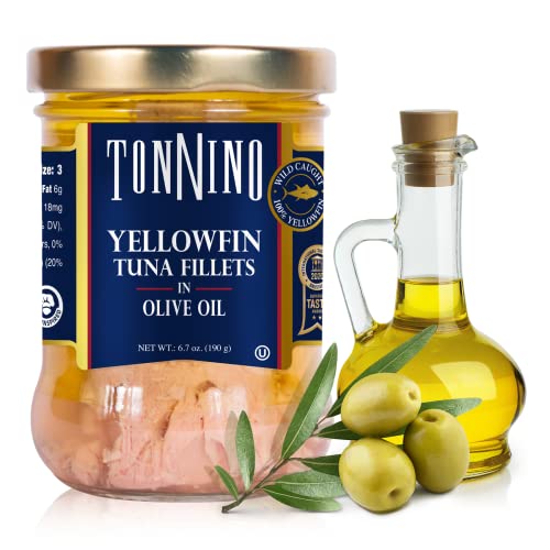 Premium Tonnino Yellowfin Tuna Fillets in Olive Oil - Low Calorie, Gluten Free, Jarred Tuna - 6.7 oz (Pack of 6) - Perfect for Salads, Sandwiches, and Healthy Meal Prep
