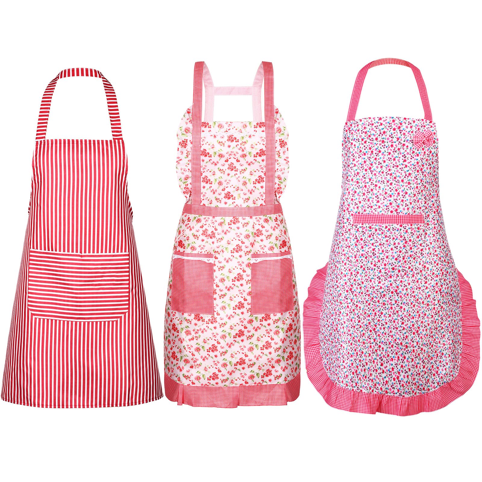 SATINIOR 3-Piece Cute Floral Kitchen Aprons for Women with Pockets & Adjustable Waist - Perfect for Cooking, Baking, BBQ, Housework and Hosting Parties