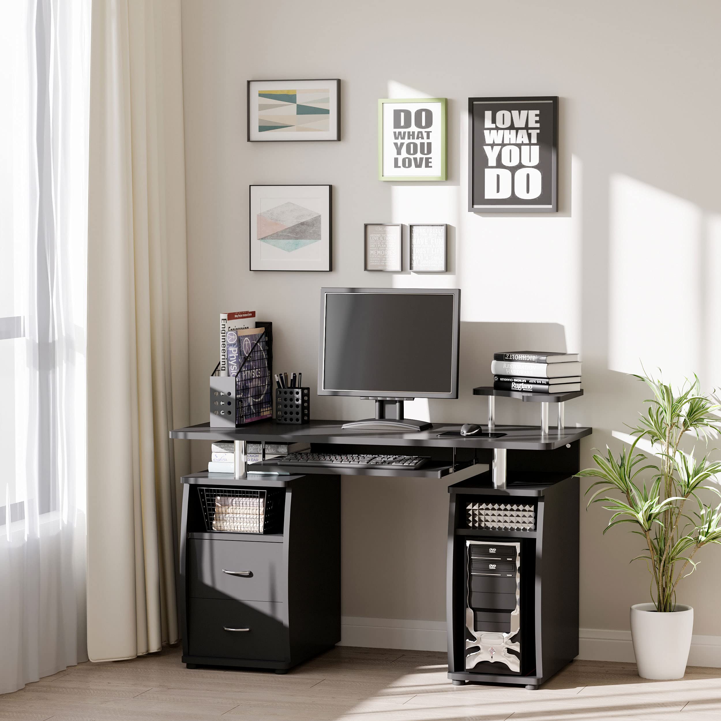 HOMCOM Black Multi-Function Computer Desk with Keyboard Tray, Elevated Shelf & CPU Stand - Home Office Workstation for Small Spaces | Perfect for Remote Work, Gaming & Study Setup