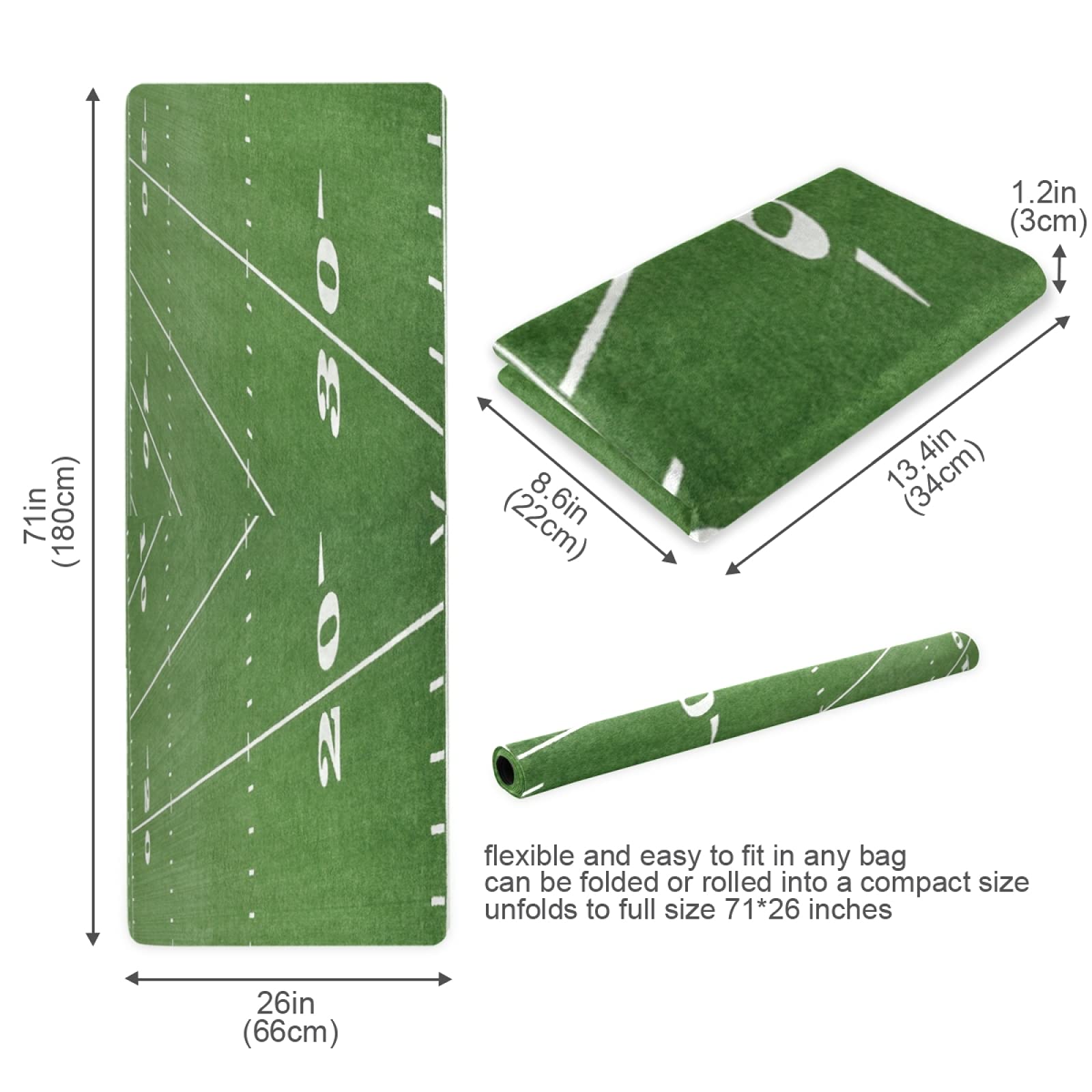Non-Slip Green American Football Field Yoga Mat - 1mm Thick Rubber Fitness Exercise Mat with Carry Bag | Durable Folding Workout Mat for Pilates, Floor Exercises & Home Gym Use