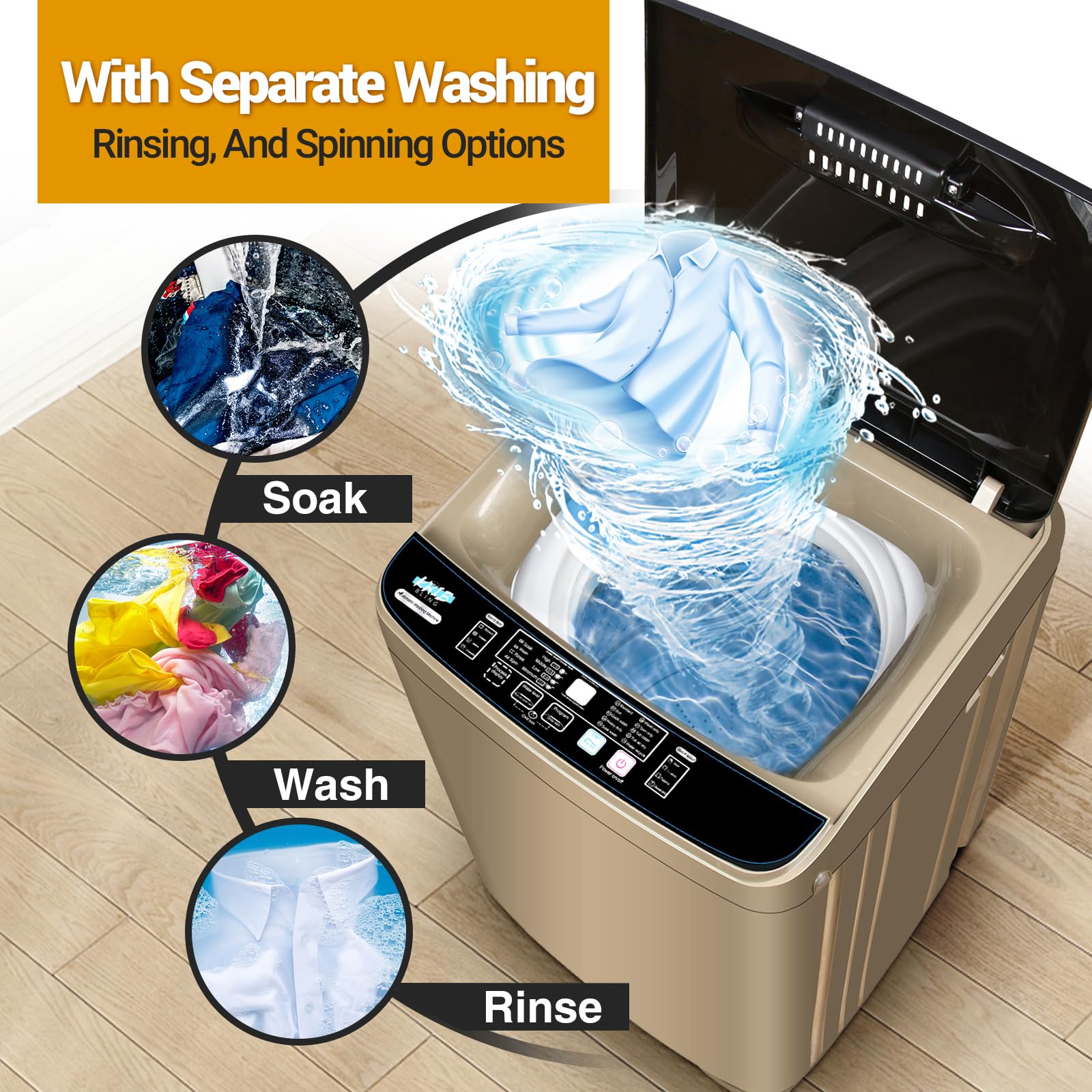 17.7lbs Full-Automatic Portable Washing Machine with LED Display - 10 Wash Programs for Apartment, Home, Dorm, RV - Compact & Energy Efficient (Gold) | Perfect for Small Spaces, Laundry Rooms & Mobile Living