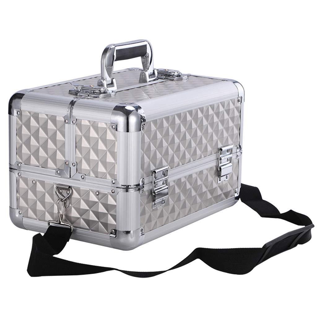 OMIDM Aluminum Alloy Cosmetic Train Case - 4-Tier Professional Makeup Organizer with Shoulder Strap | Portable Beauty Toolbox for Makeup Artists, Jewelry Storage & Travel Cosmetics (Silver) | Perfect for Salon Professionals, Bridal Makeup & On-the-Go Stylists