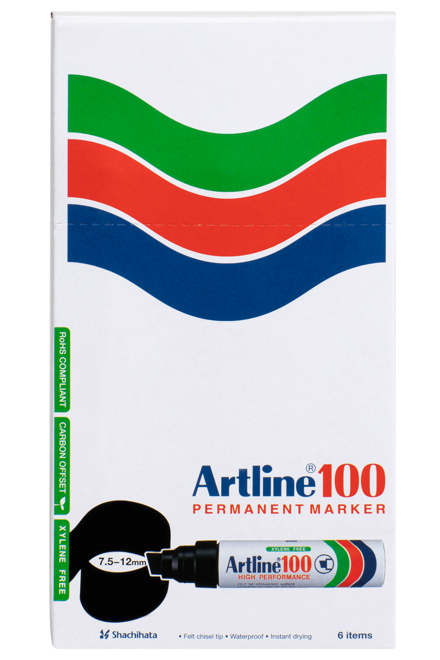 Artline 100 Permanent Marker Chisel Tip Black - 6 Pack Set for Office, Home & Industrial Use - Waterproof & Fade-Resistant Writing on Paper, Plastic, Metal & Wood Surfaces