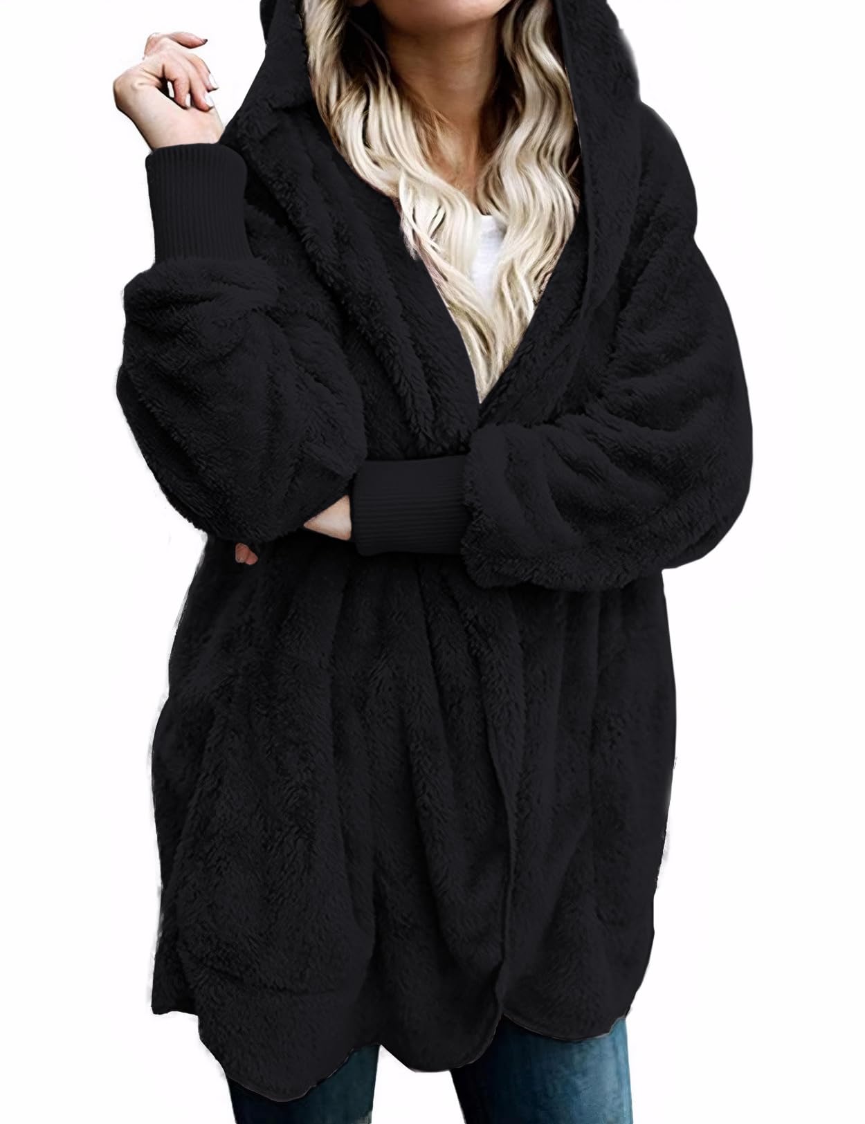 Zilcremo Women's Hooded Cardigan - Soft Fuzzy Fleece Jacket with Pockets | Winter Open Front Coat for Women | Perfect for Casual Wear, Office & Outdoor Activities