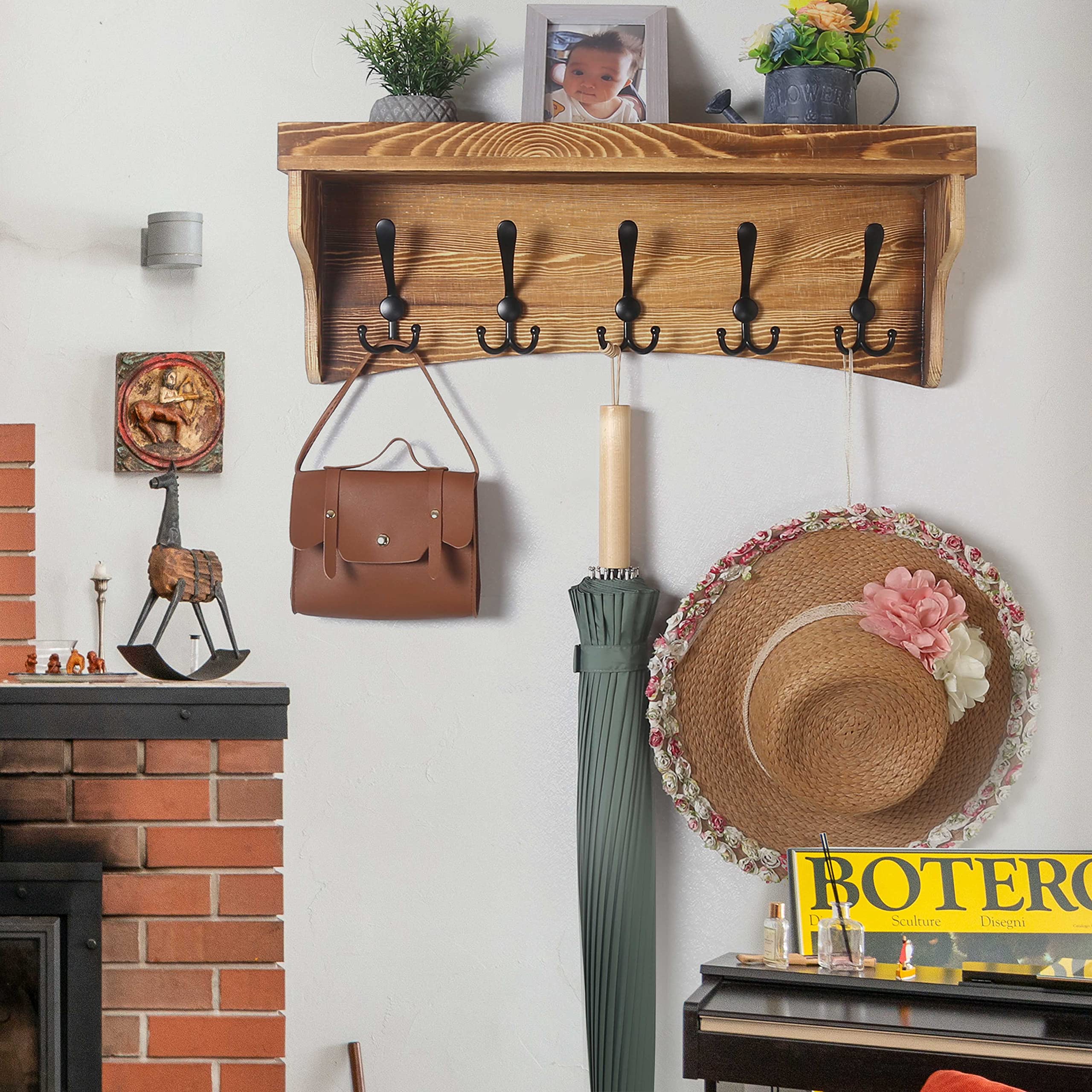 WEBI 24’’ Wall Shelf with 5 Triple Hooks - Rustic Brown Coat Rack & Key Holder - Bathroom & Entryway Storage Solution - Space Saving Wall Mounted Shelf for Hats, Bags & Home Organization