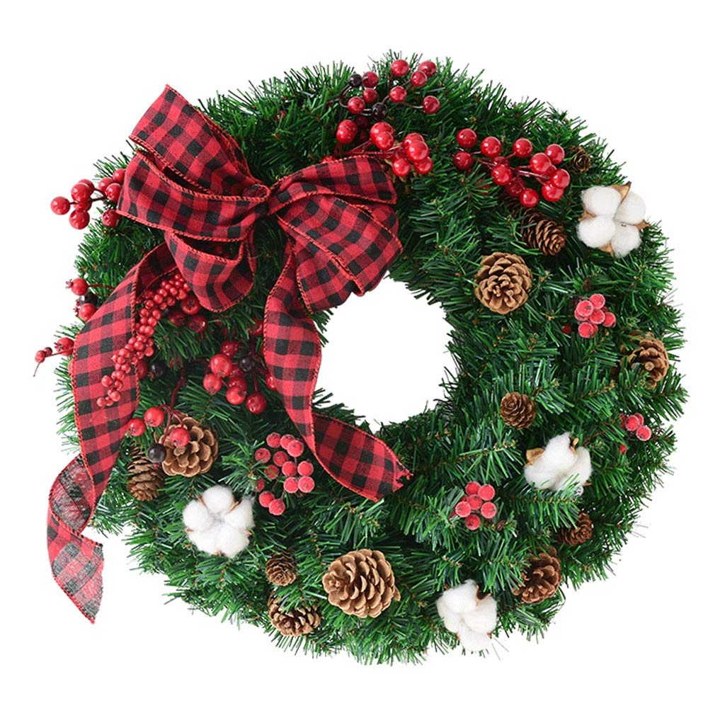 Plaid Ribbon Pine Cone Christmas Wreath - Natural Cotton Garland with Rattan Circle for Front Door, Window & Holiday Decor - NYKK Handmade Holiday Wreath for Christmas, Winter & Home Decoration
