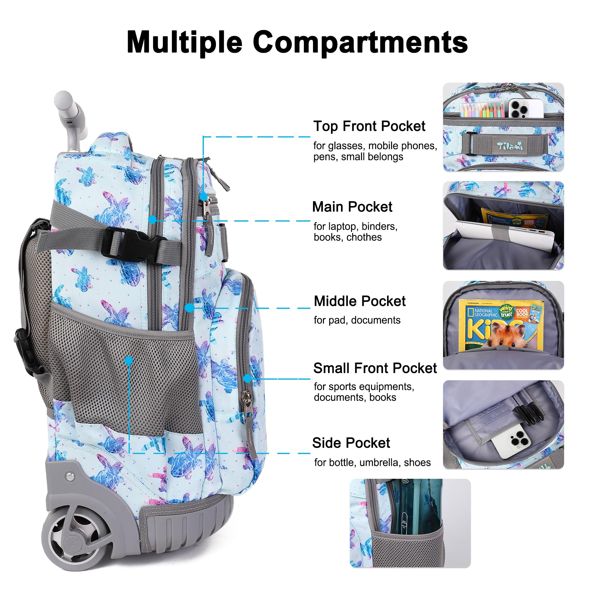 Tilami 19 Inch Rolling Backpack with Lunch Box - Wheeled Laptop Backpack for School & Travel - Durable Turtle Blue Carry-On Luggage for Students & Professionals - Perfect for Airports, Commuting & Daily Use