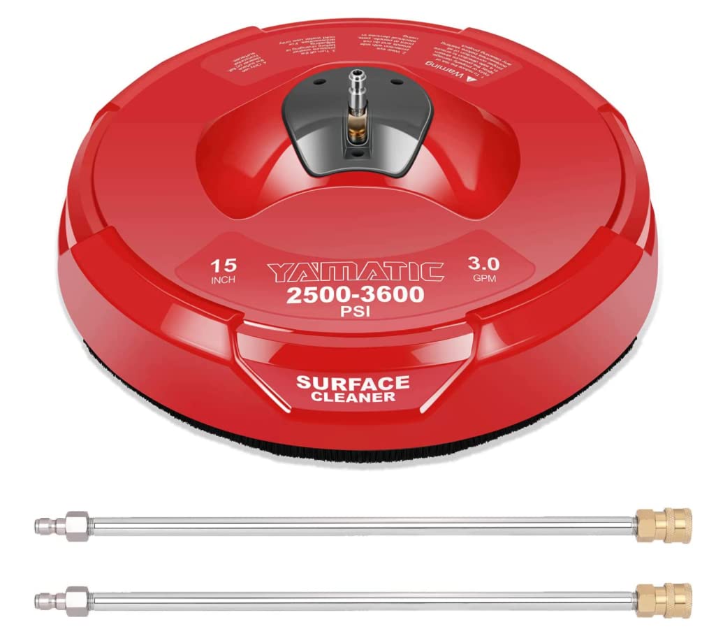 YAMATIC 15 Inch 3600PSI Pressure Washer Surface Cleaner with 2 Extension Wands - Professional Power Washer Attachment for Driveway, Deck, Patio & Concrete Cleaning (Red, 15