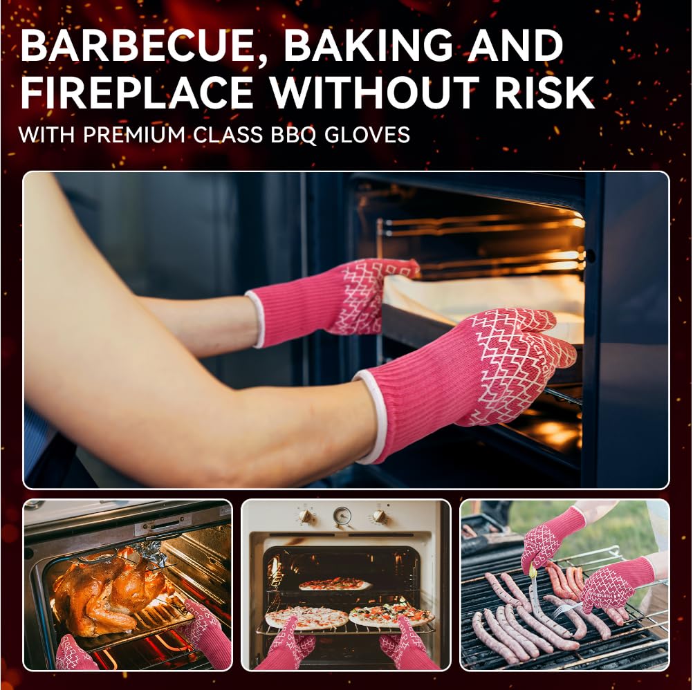 Heat Resistant BBQ Gloves - Fireproof Grilling & Oven Mitts for Professional Chefs & Home Cooks - Silicone Grip, Extended Cuff Protection - Perfect for Outdoor Barbecue, Camping, Baking & Kitchen Cooking (Pink)