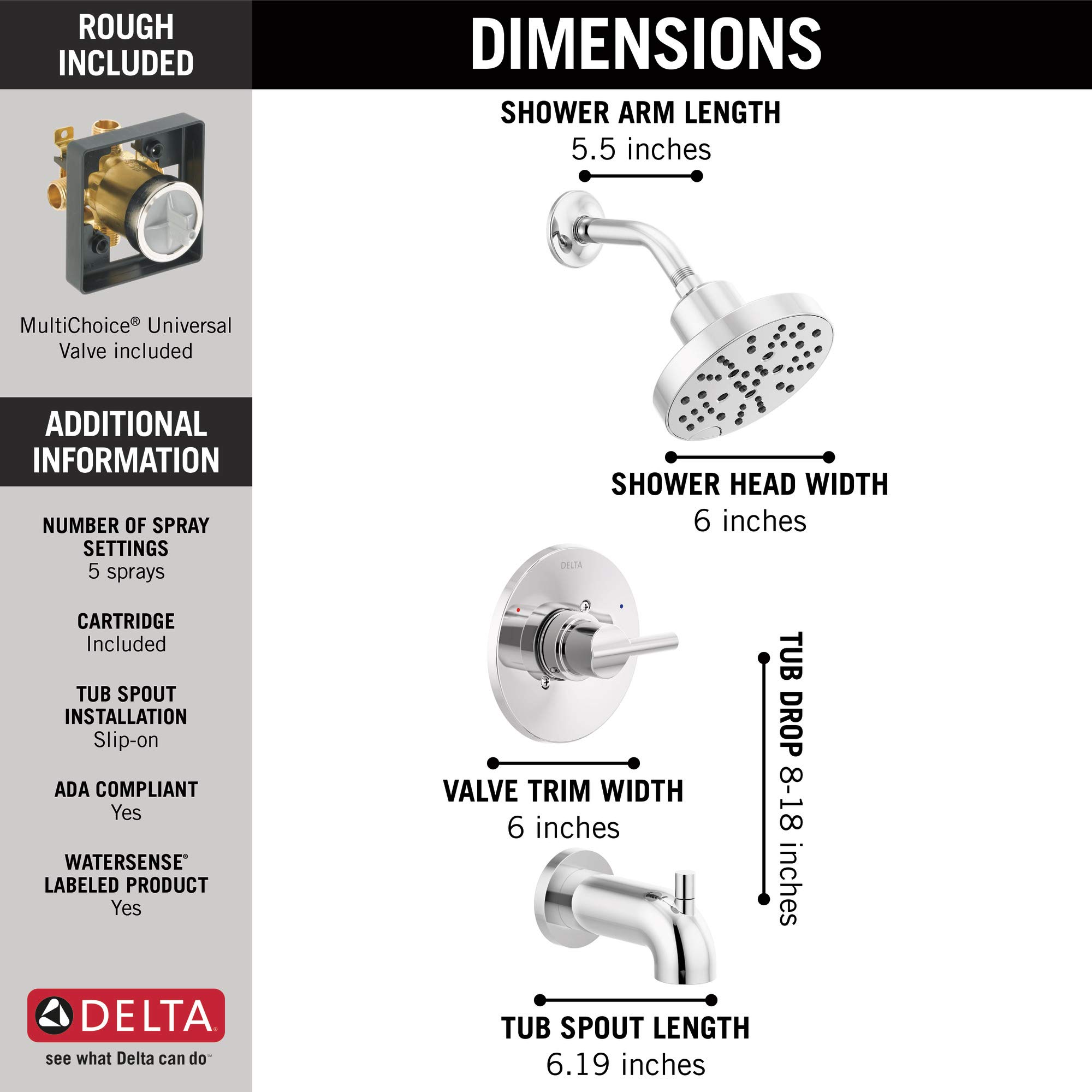 Delta Faucet Nicoli 14 Series Single-Handle Tub and Shower Trim Kit with 5-Spray H2Okinetic Shower Head - Chrome 144749 (Includes Shower Valve) - Perfect for Modern Bathroom Renovations and Spa-Like Shower Experiences
