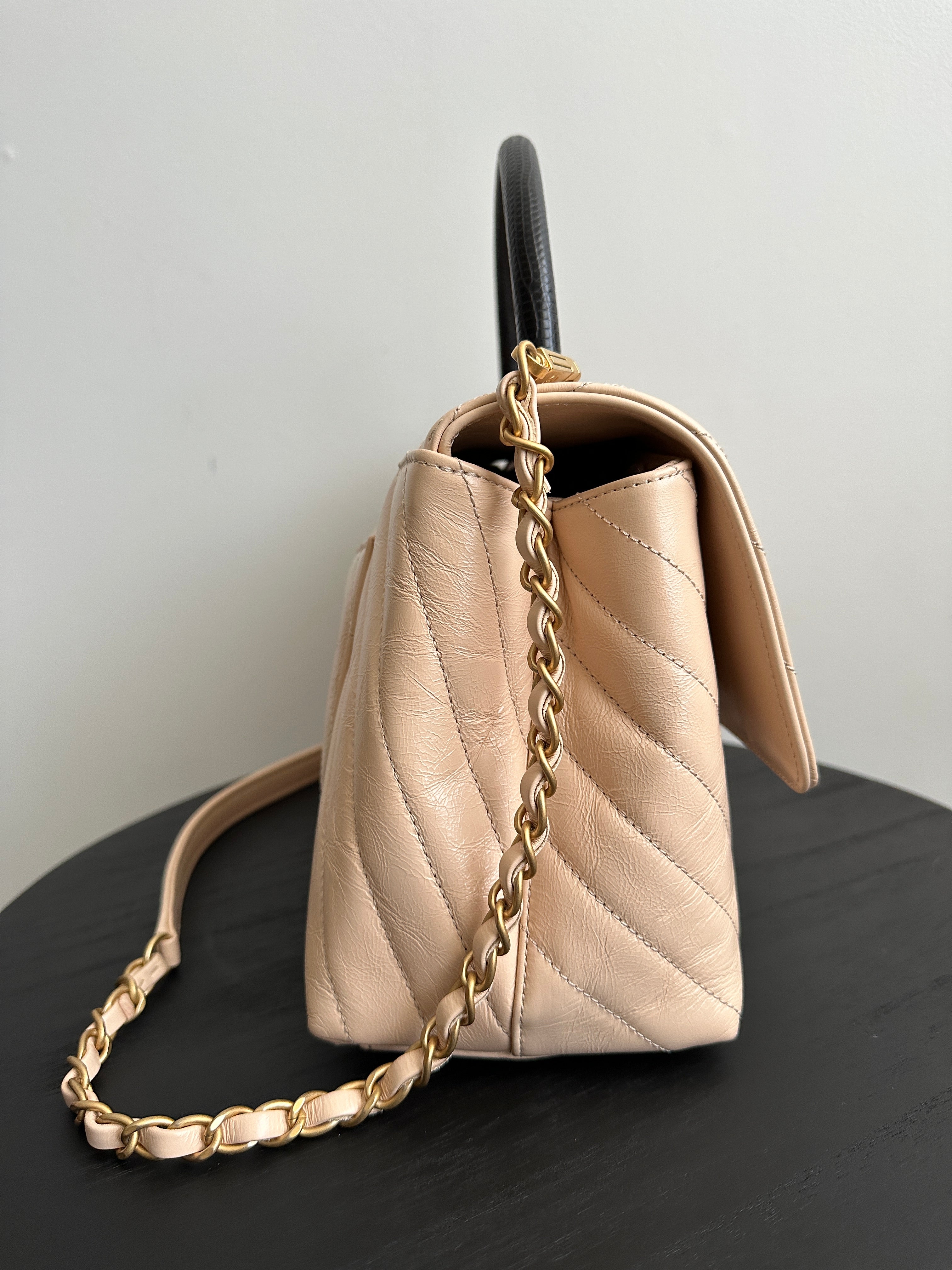 Chanel Nude Chevron Aged Leather Exotic Top Handle Flap Bag - Luxury Designer Handbag for Women, Perfect for Parties, Work & Special Occasions