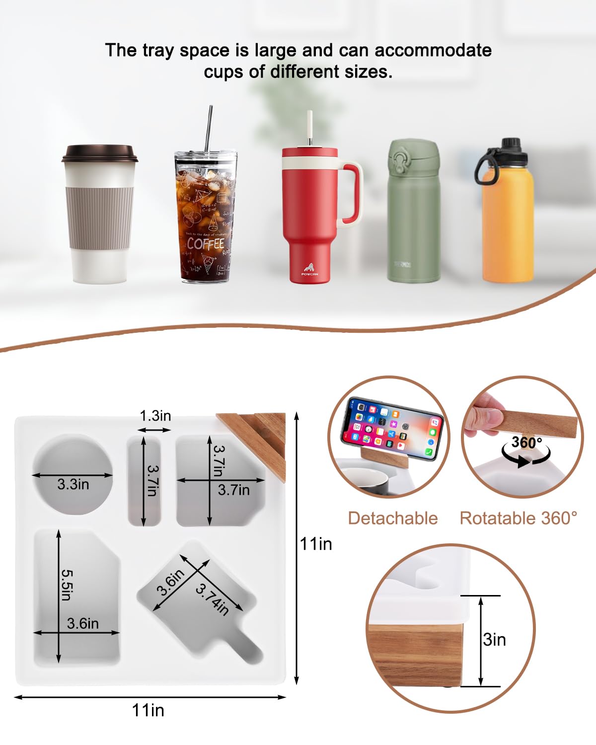 Silicone & Acacia Wood Couch Cup Holder Tray - Snack & Drink Organizer with Waterproof Cup Holder for Sofa, Remotes, and Pillows - Perfect for Movie Nights, Gaming, and Relaxing on the Couch