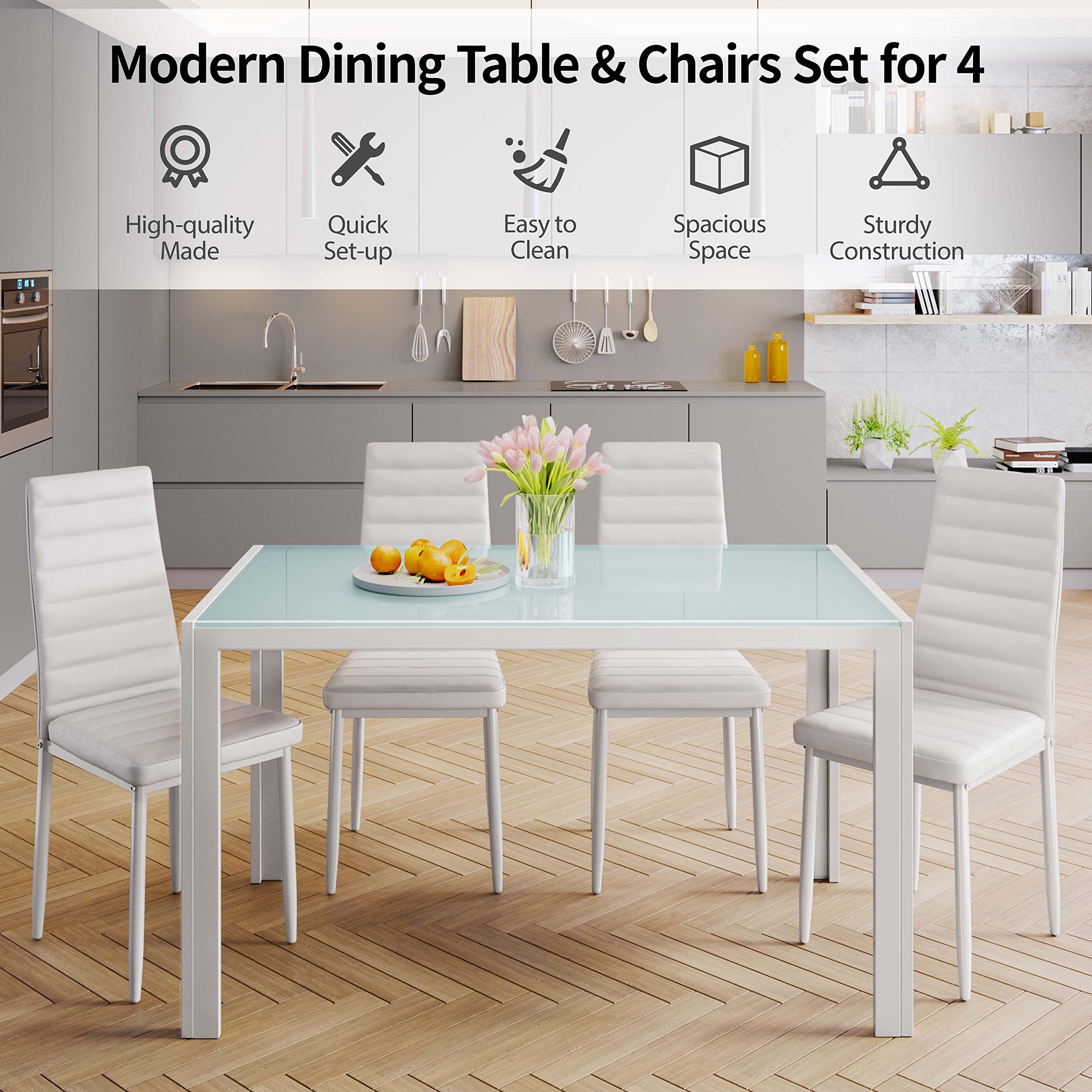 Gizoon 5-Piece Modern Glass Dining Table Set with PU Leather Chairs for 4, Perfect for Kitchen, Living Room, and Small Space Dining